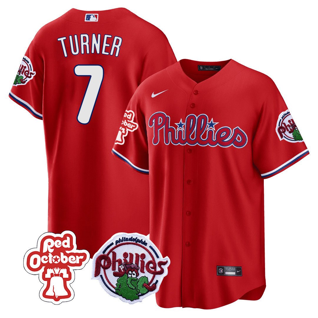 Men's Philadelphia Phillies Trea Turner Red October Patch Cool Red Jersey