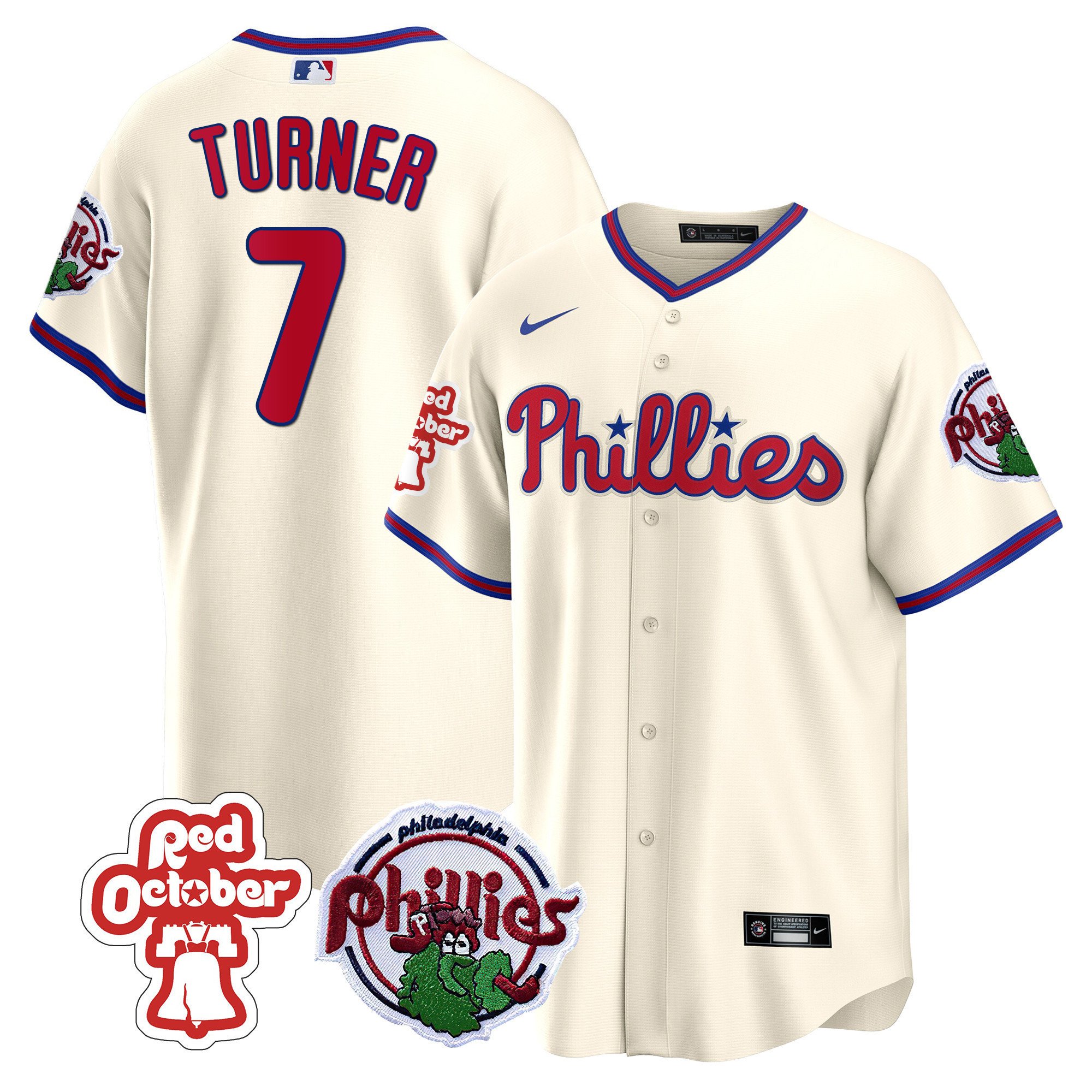 Men's Philadelphia Phillies Trea Turner Red October Patch Cream Jersey