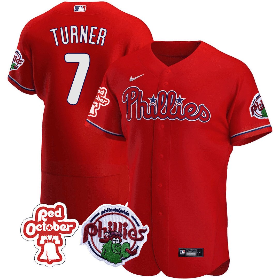 Men's Philadelphia Phillies Trea Turner Red October Patch Flex Red Jersey