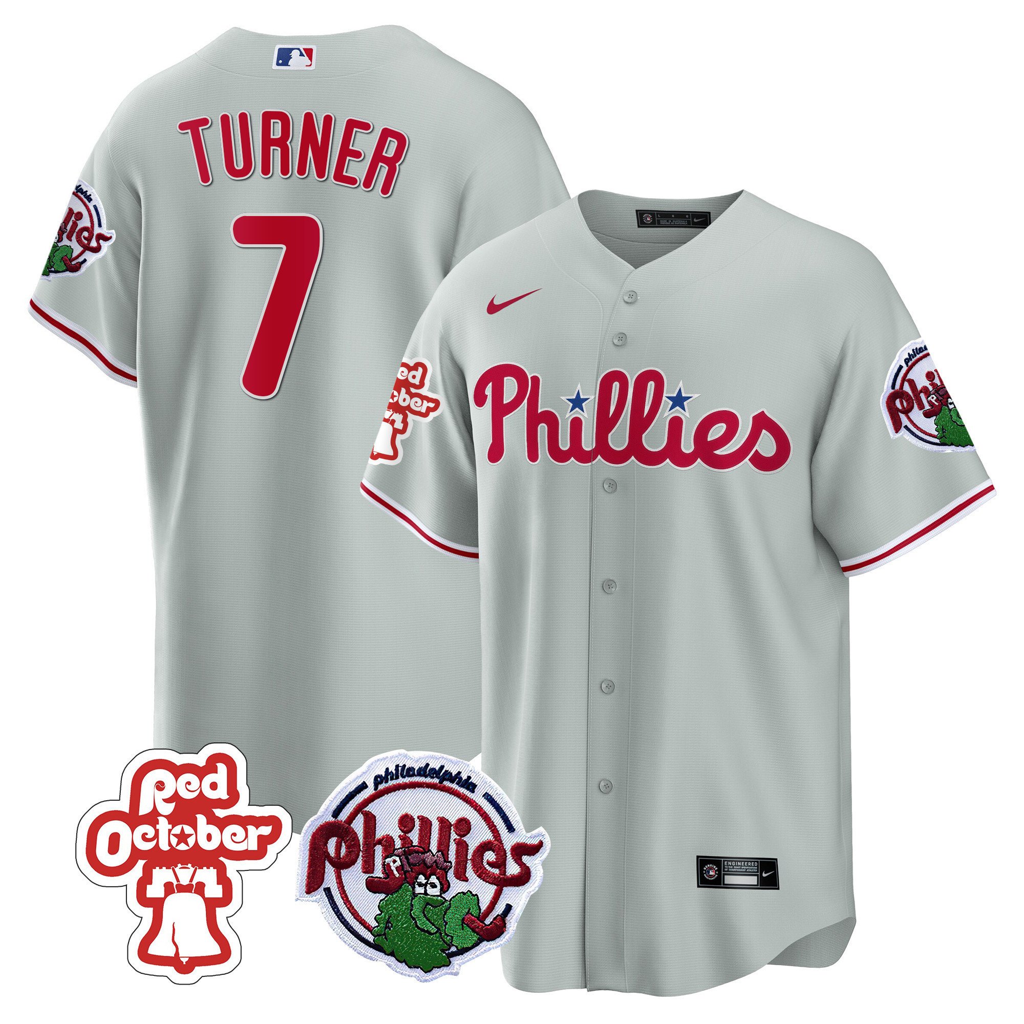 Men's Philadelphia Phillies Trea Turner Red October Patch Gray Jersey