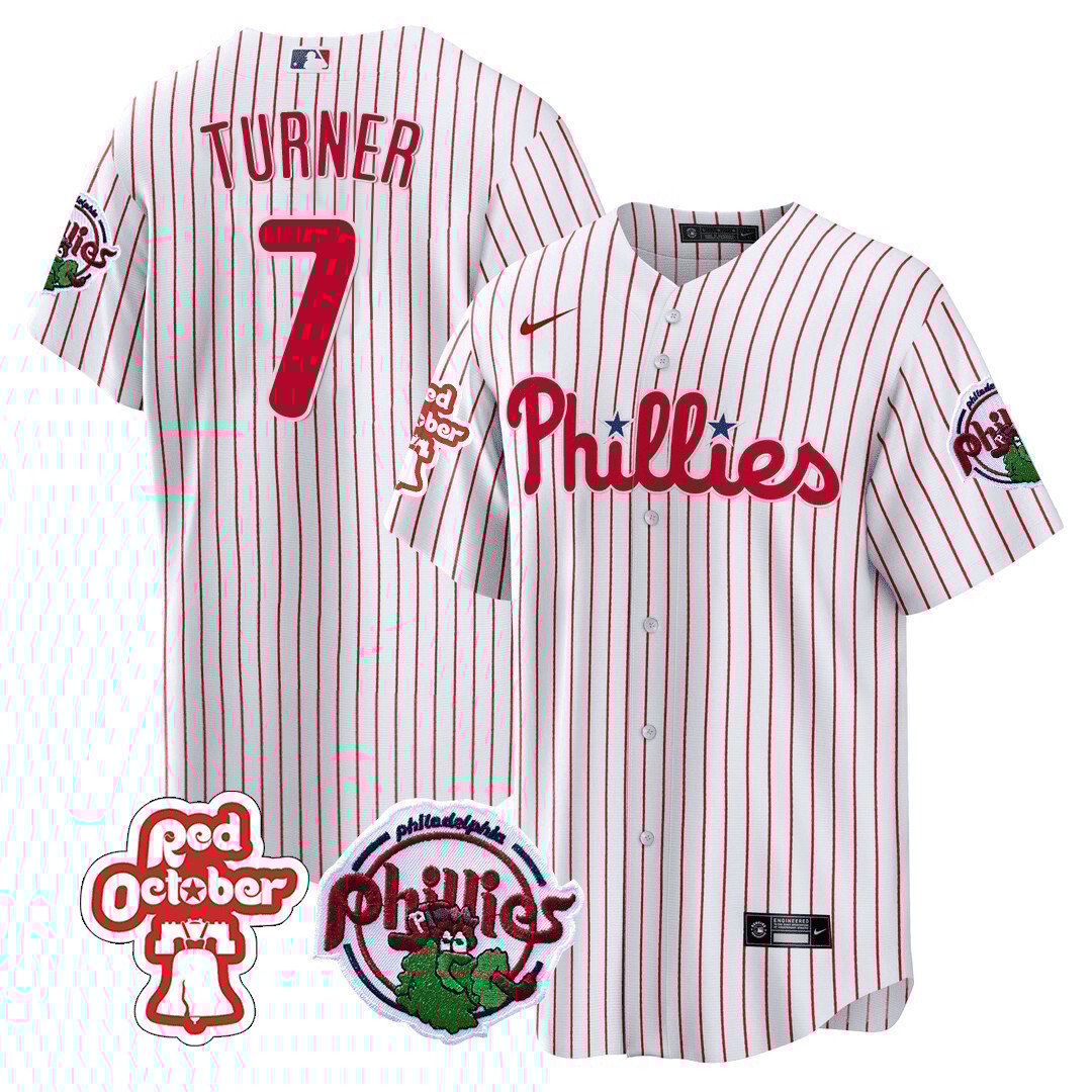 Men's Philadelphia Phillies Trea Turner Red October Patch White Jersey