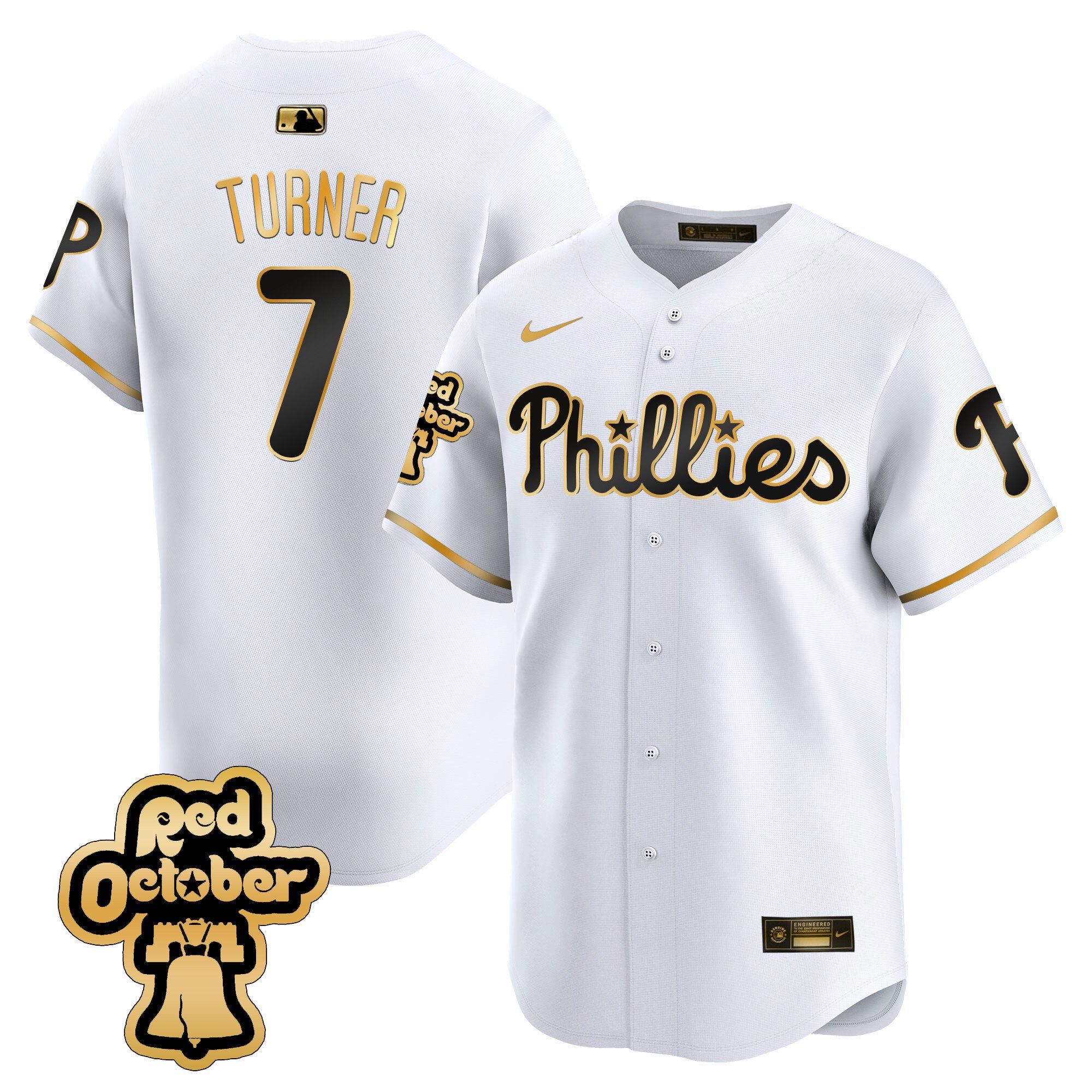Men's Philadelphia Phillies Trea Turner Red Octorber Patch Vapor Premier Limited White Gold Jersey