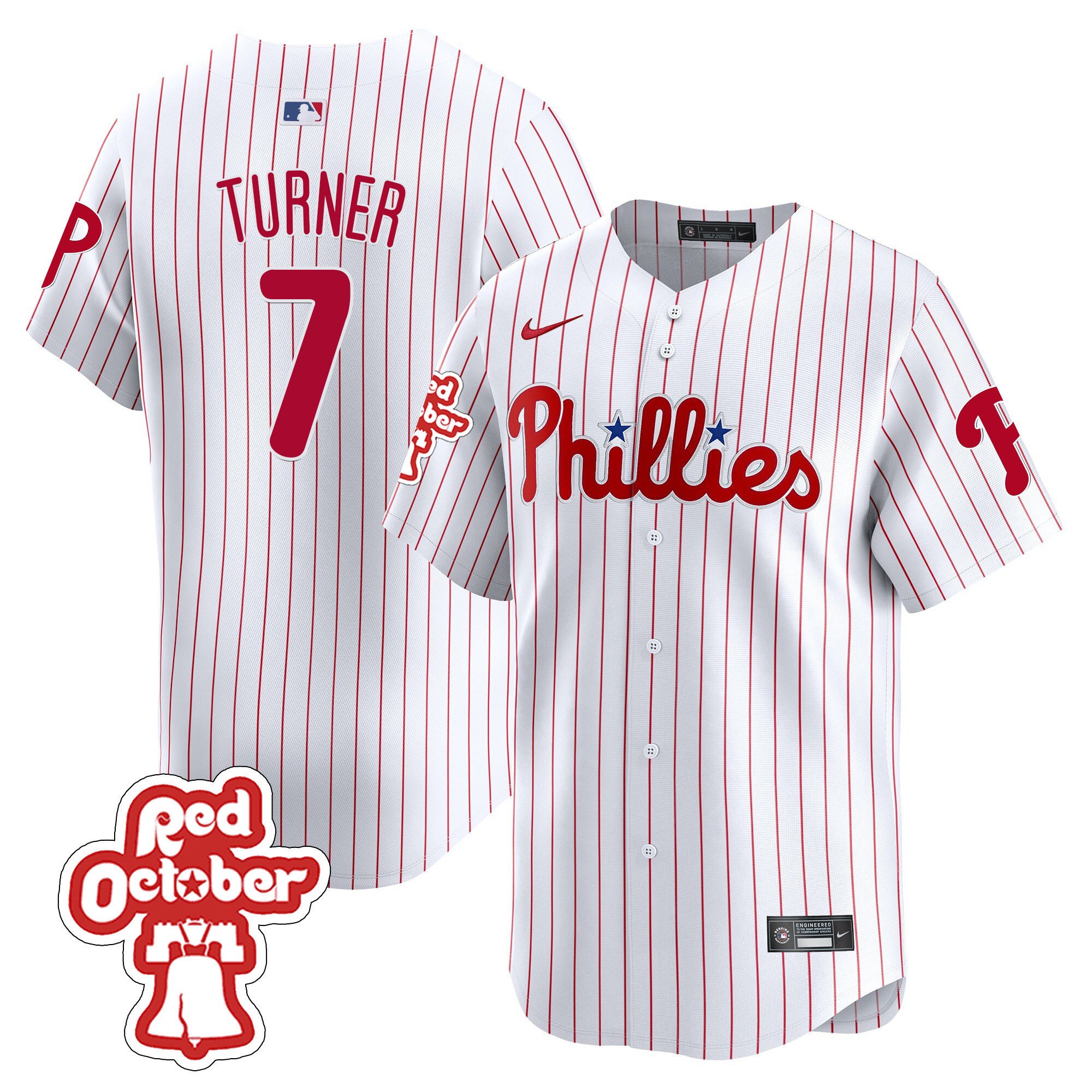 Men's Philadelphia Phillies Trea Turner Red Octorber Patch Vapor Premier Limited White Jersey