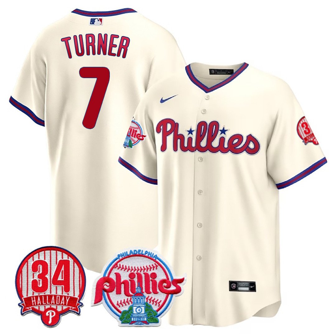Men's Philadelphia Phillies Trea Turner Roy Halladay Patch #34 Cream Jersey