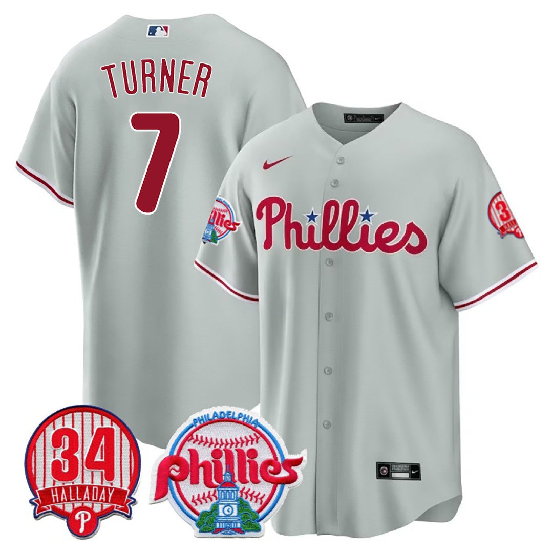 Men's Philadelphia Phillies Trea Turner Roy Halladay Patch #34 Gray Jersey