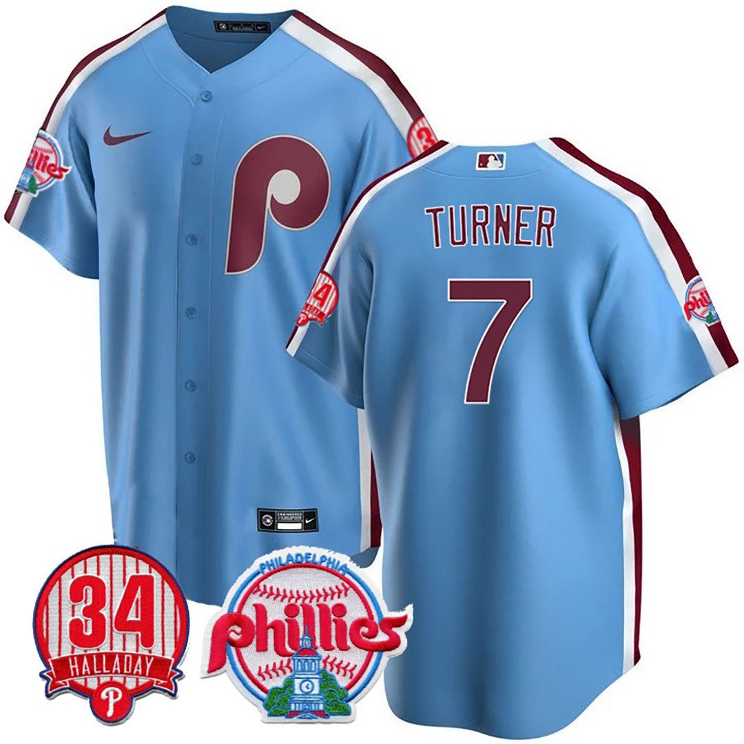 Men's Philadelphia Phillies Trea Turner Roy Halladay Patch #34 Powder Blue Jersey