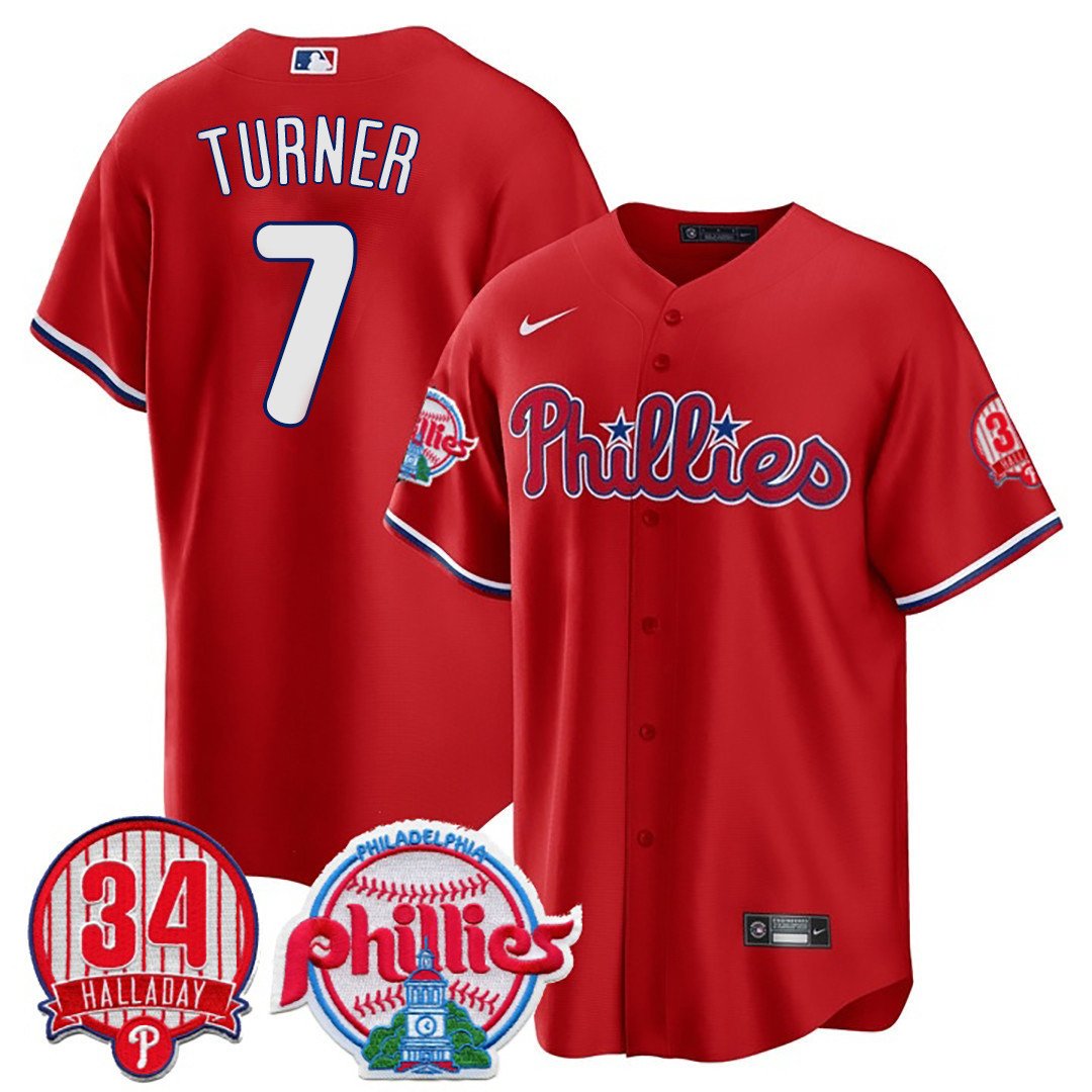 Men's Philadelphia Phillies Trea Turner Roy Halladay Patch #34 Red Jersey