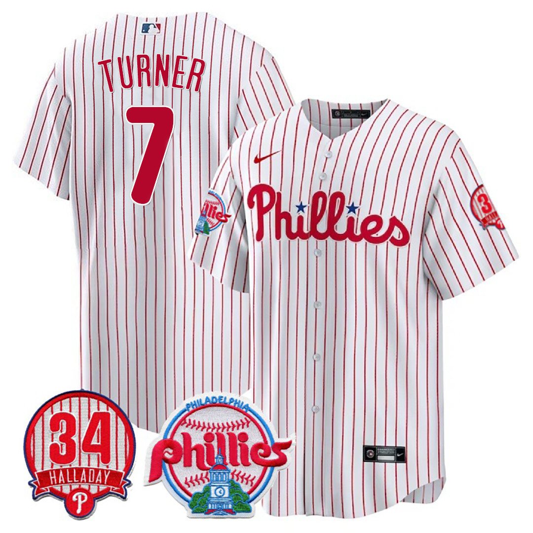 Men's Philadelphia Phillies Trea Turner Roy Halladay Patch #34 White Jersey