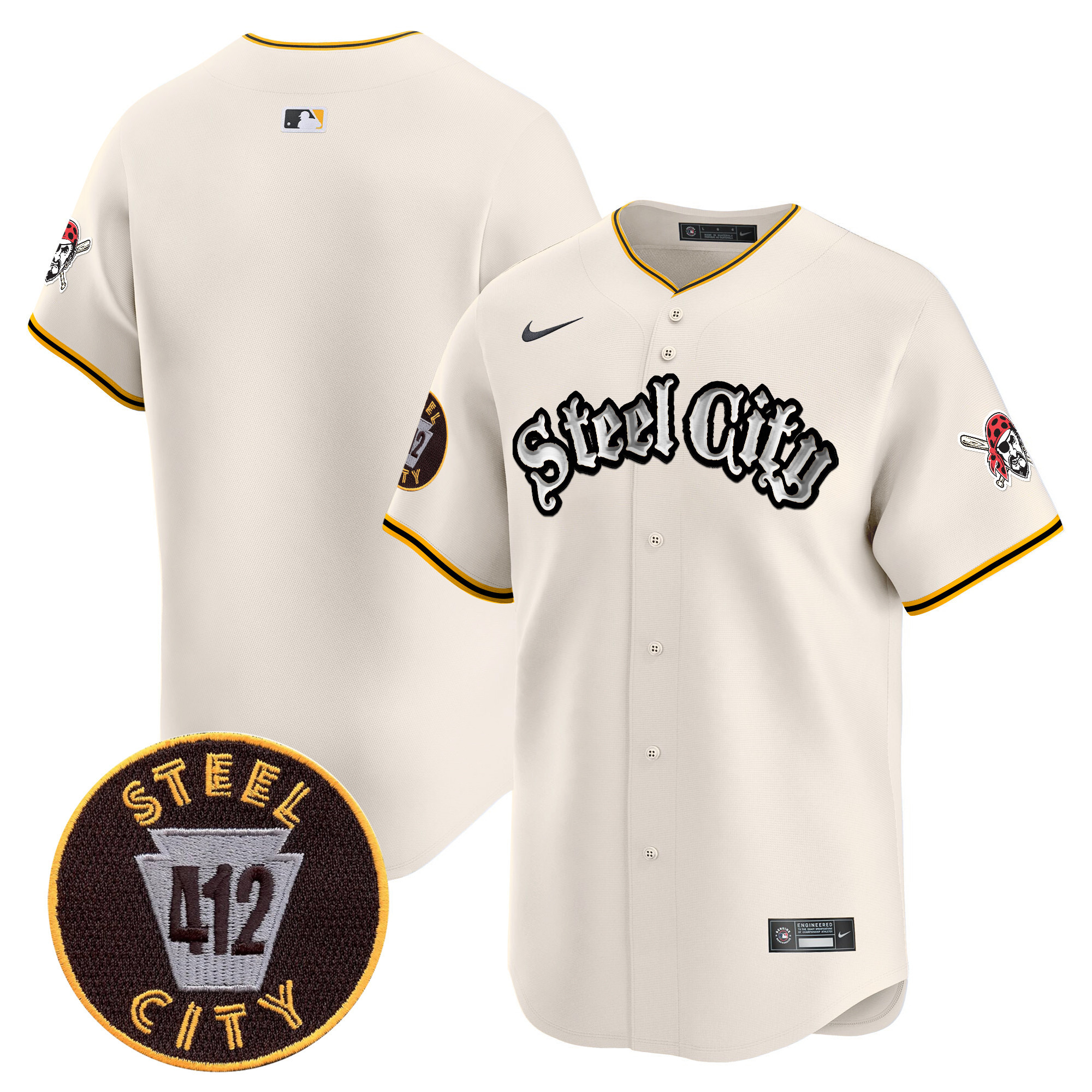 Men's Pittsburgh Pirates 412 Patch Vapor Premier Limited Cream Jersey V2 - All Stitched