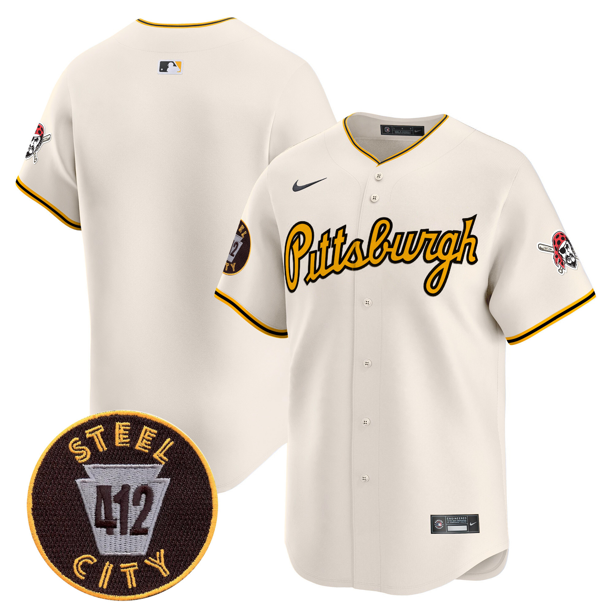 Men's Pittsburgh Pirates 412 Patch Vapor Premier Limited Cream Jersey V4 - All Stitched
