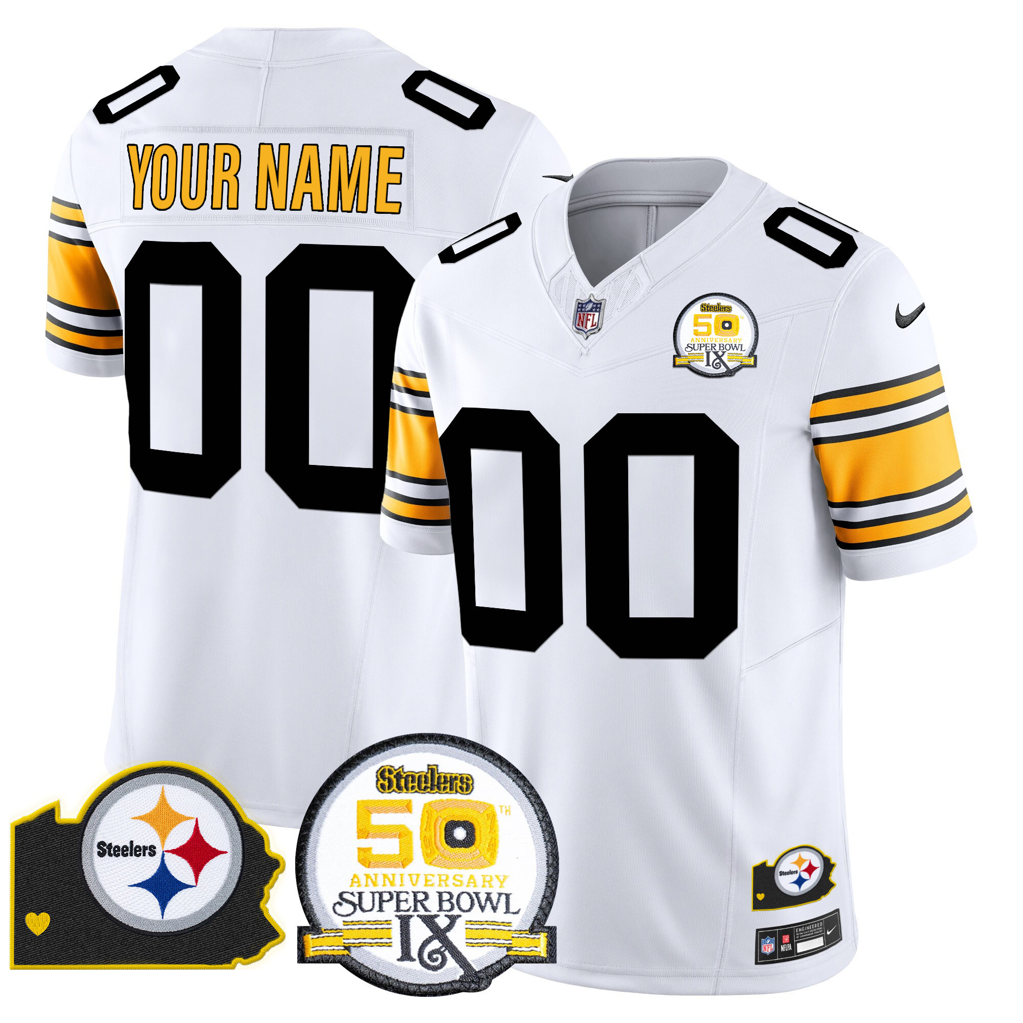 Men's Pittsburgh Steelers 50th Anniversary Of Super Bowl IX & Map Patch Vapor Limited Custom 1975 White Jersey - All Stitched