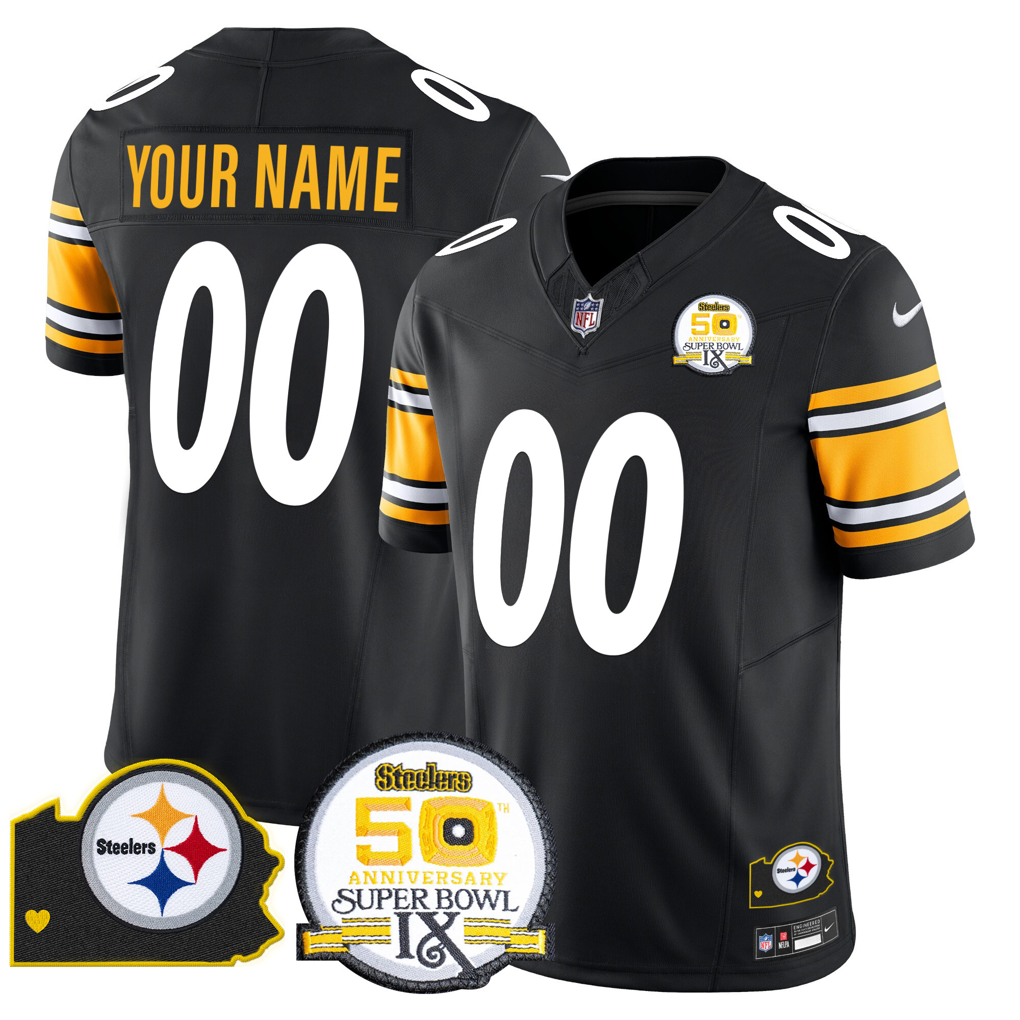 Men's Pittsburgh Steelers 50th Anniversary Of Super Bowl IX & Map Patch Vapor Limited Custom Black Jersey - All Stitched