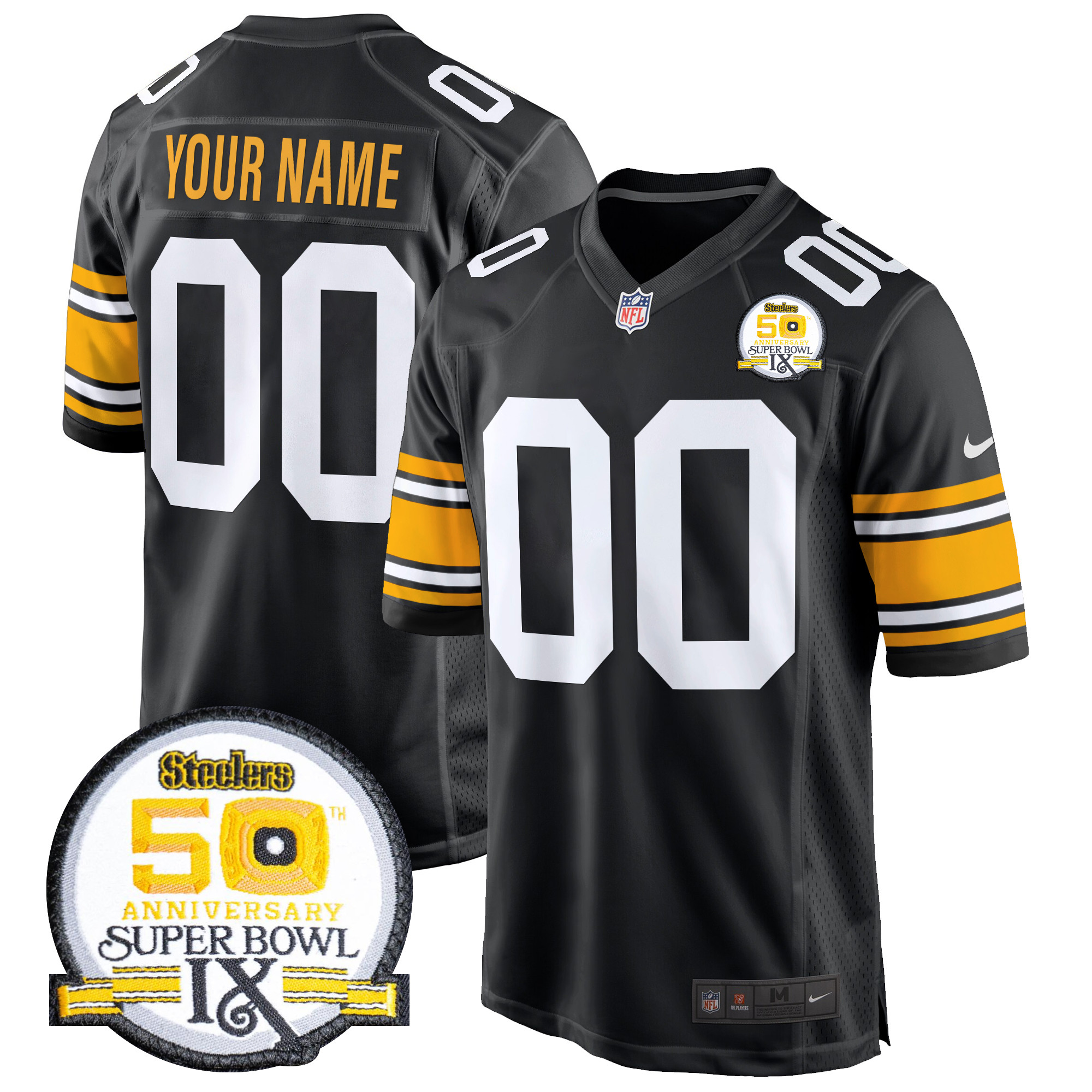 Men's Pittsburgh Steelers 50th Anniversary Of Super Bowl IX Patch Game Custom 1975 Throwback Jersey - All Stitched