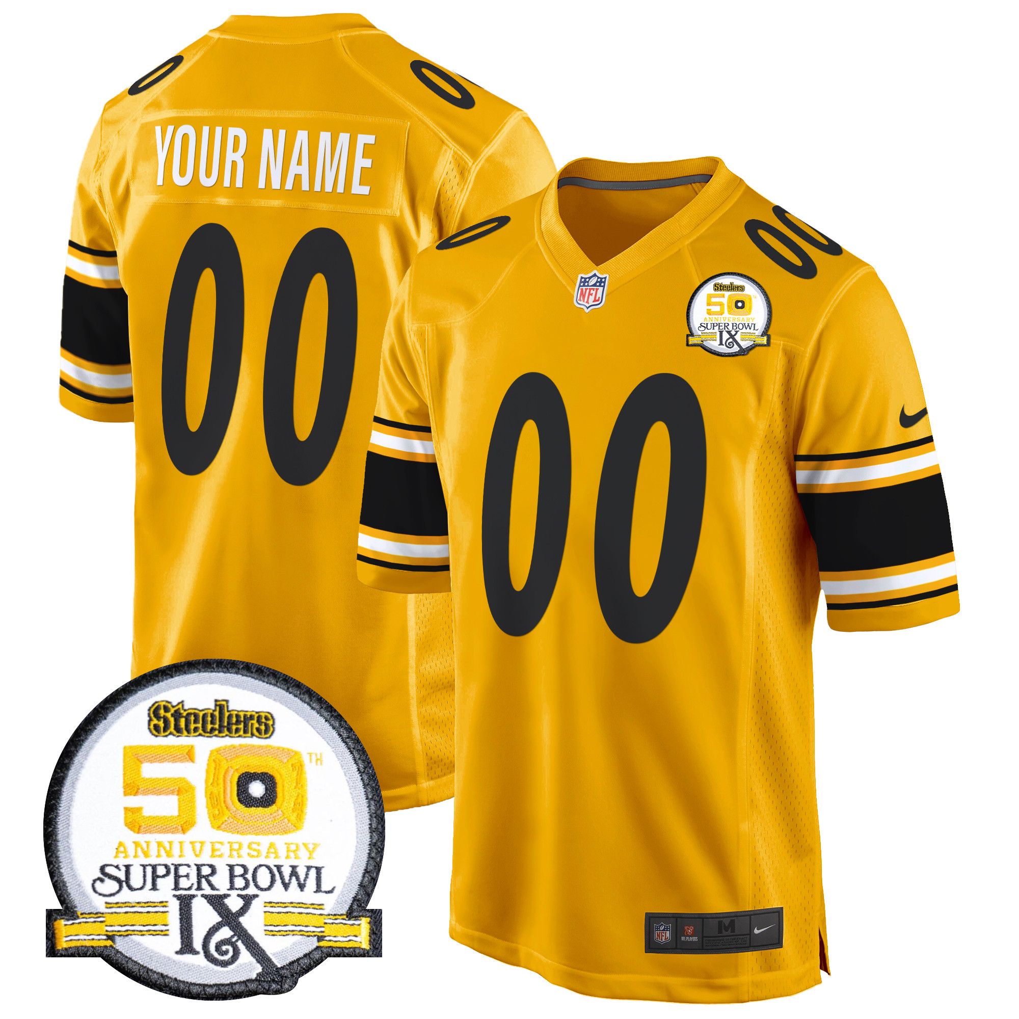 Men's Pittsburgh Steelers 50th Anniversary Of Super Bowl IX Patch Game Custom Gold Jersey - All Stitched