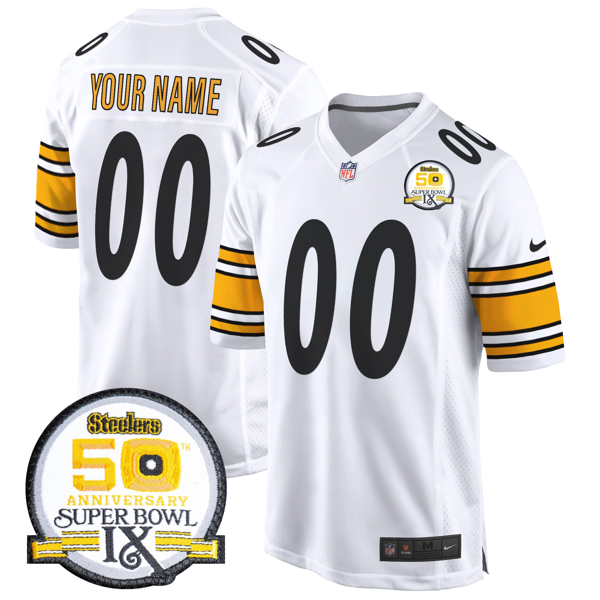 Men's Pittsburgh Steelers 50th Anniversary Of Super Bowl IX Patch Game Custom White Jersey - All Stitched