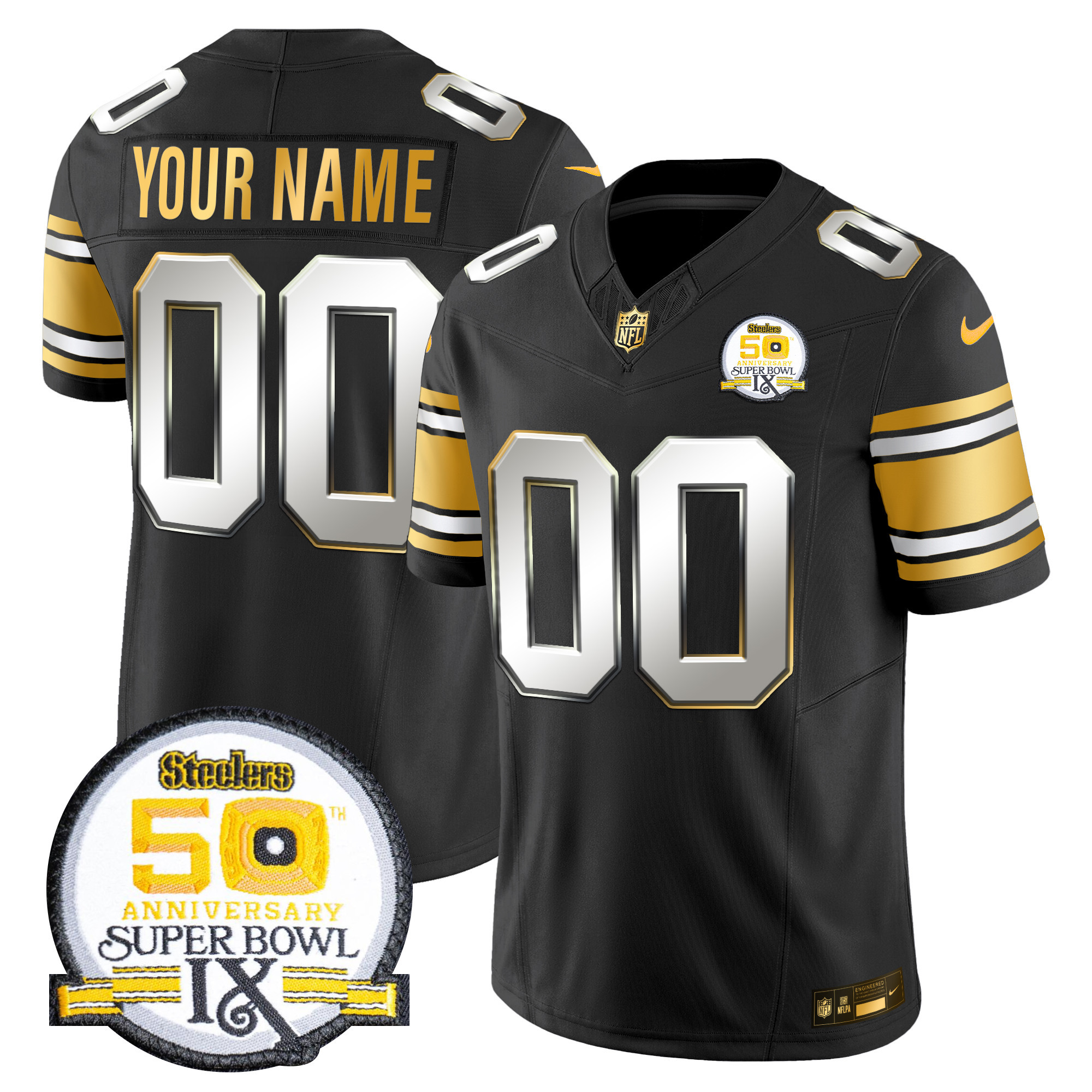 Men's Pittsburgh Steelers 50th Anniversary of Super Bowl IX Patch Gold Vapor Limited Custom Black Limited Jersey - All Stitched