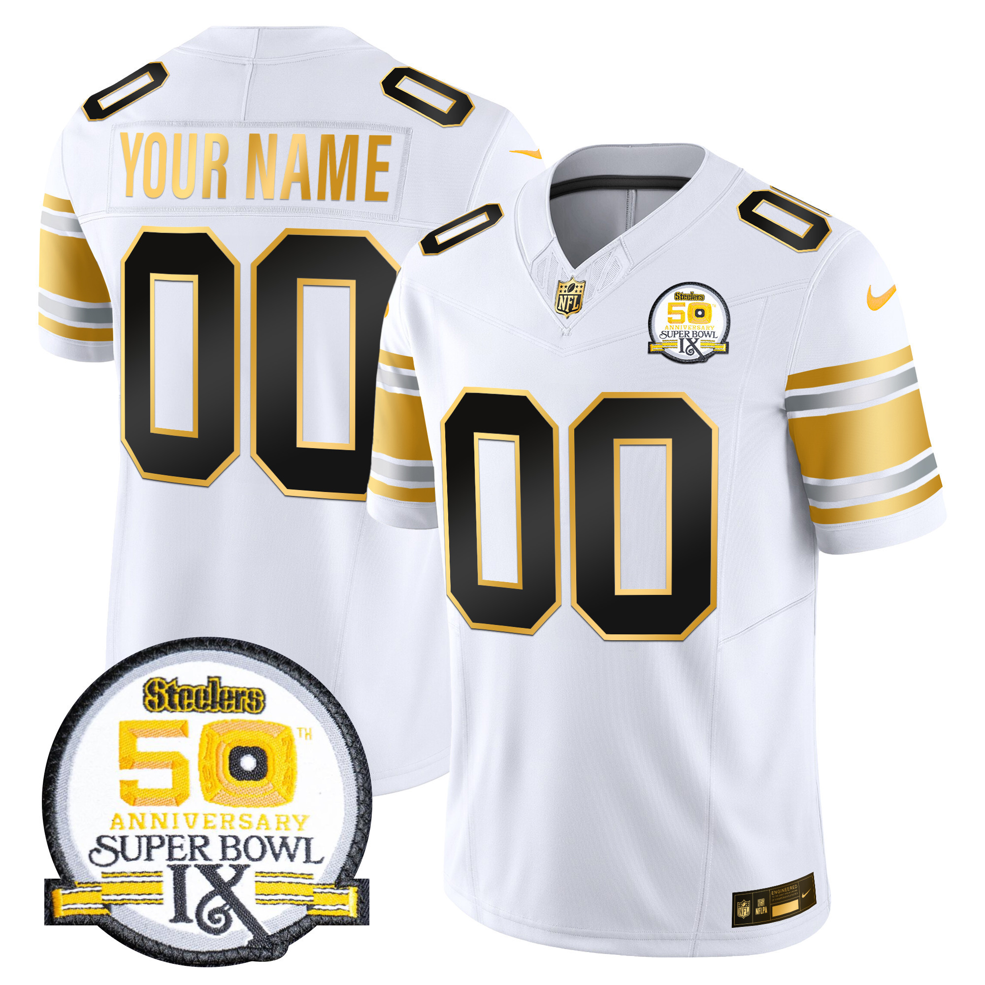 Men's Pittsburgh Steelers 50th Anniversary of Super Bowl IX Patch Gold Vapor Limited Custom White Gold Jersey - All Stitched