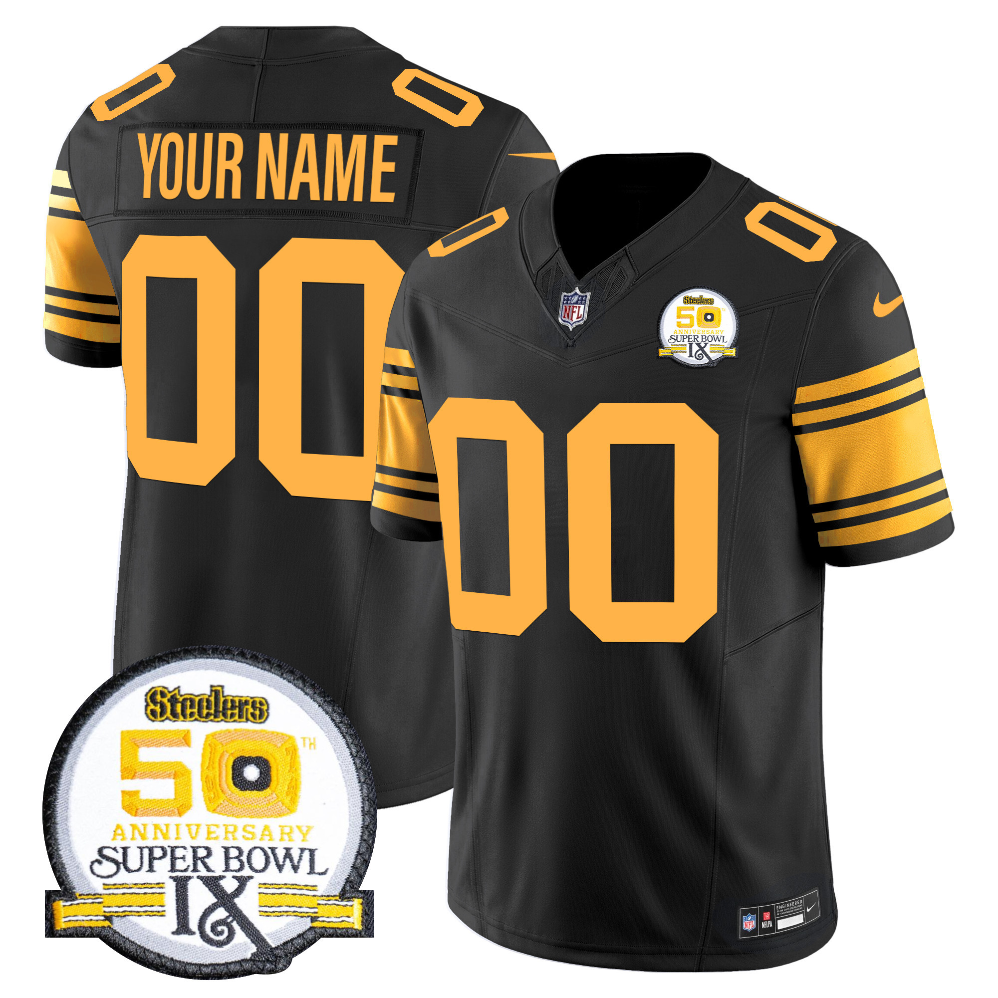 Men's Pittsburgh Steelers 50th Anniversary Of Super Bowl IX Patch Vapor Limited Custom Color Rush Jersey - All Stitched
