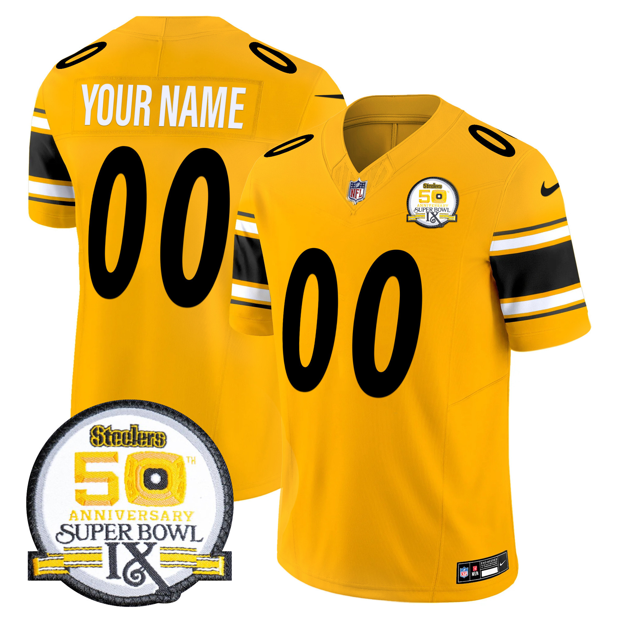 Men's Pittsburgh Steelers 50th Anniversary Of Super Bowl IX Patch Vapor Limited Custom Gold Jersey - All Stitched
