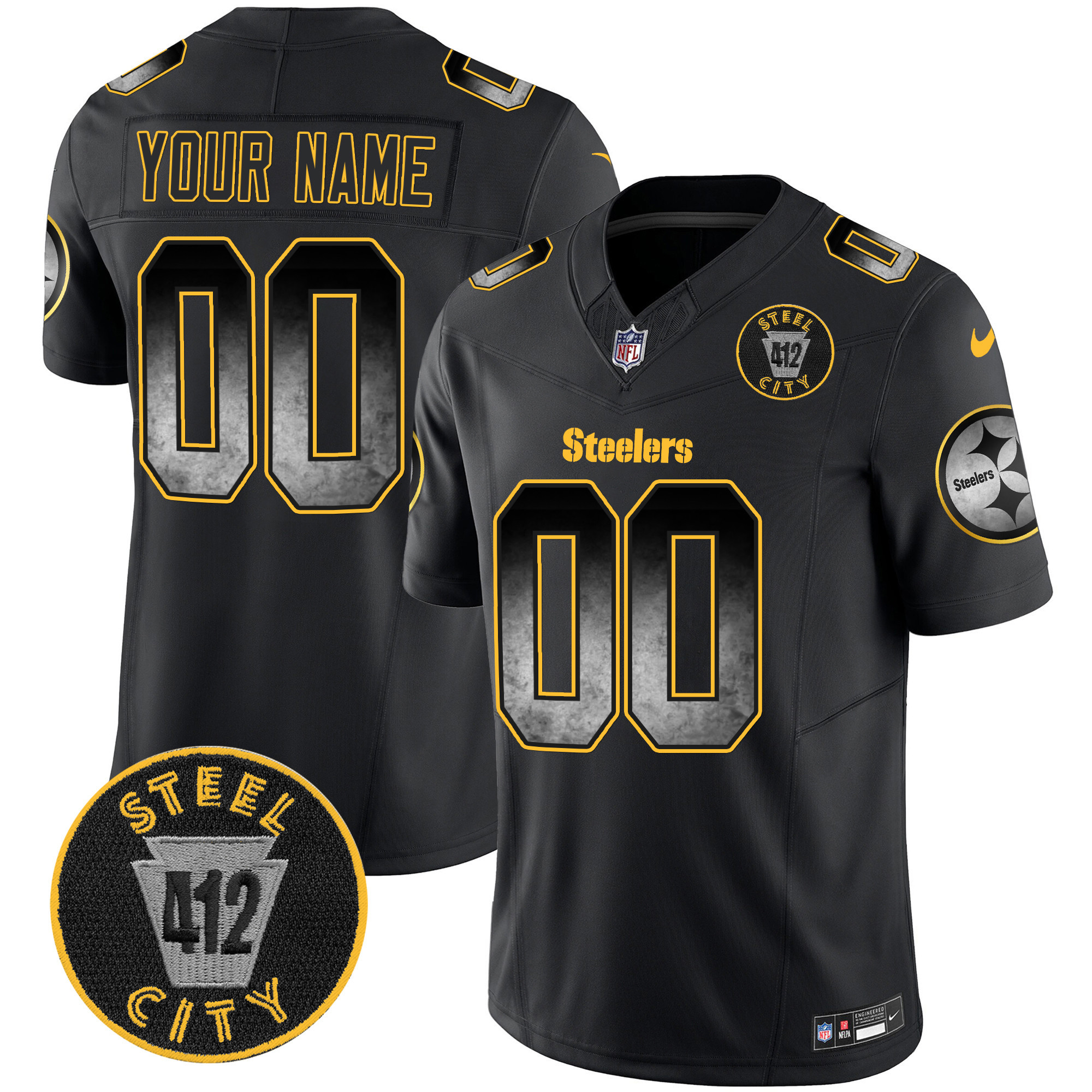 Men's Pittsburgh Steelers Arch Smoke 412 Patch Vapor Limited Custom Black Jersey - All Stitched