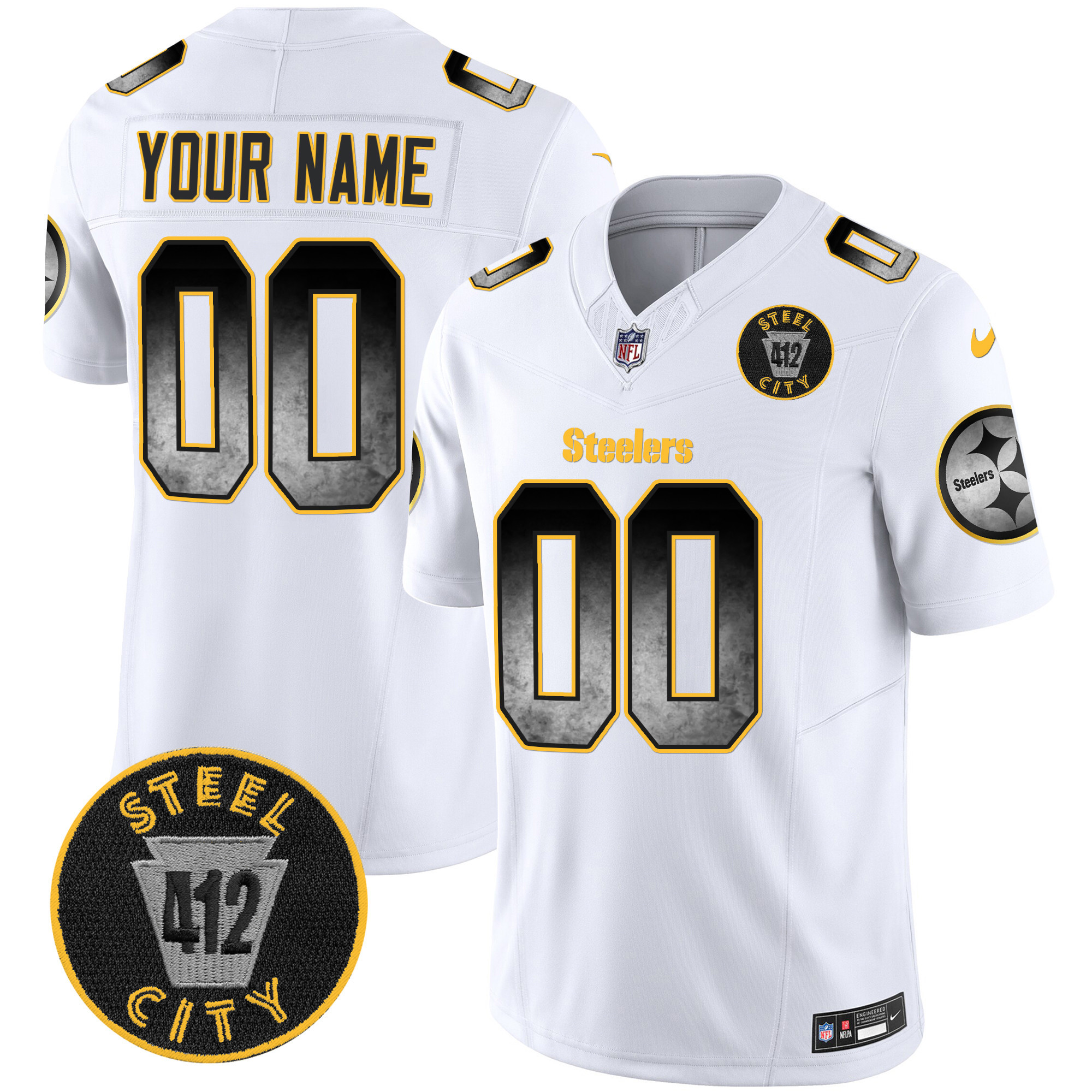 Men's Pittsburgh Steelers Arch Smoke 412 Patch Vapor Limited Custom White Jersey - All Stitched