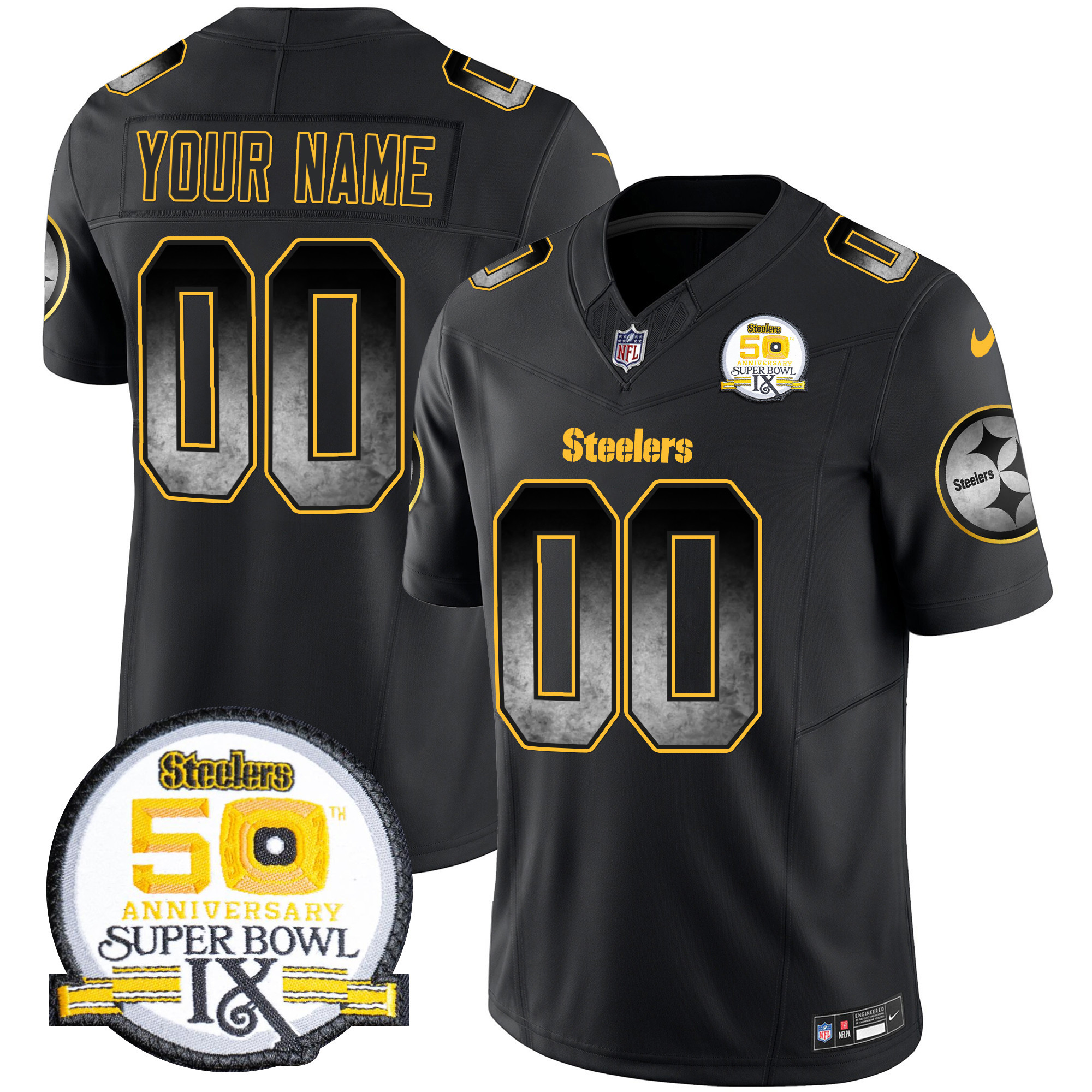 Men's Pittsburgh Steelers Arch Smoke 50th Anniversary Of Super Bowl IX Patch Vapor Limited Custom Black Jersey - All Stitched
