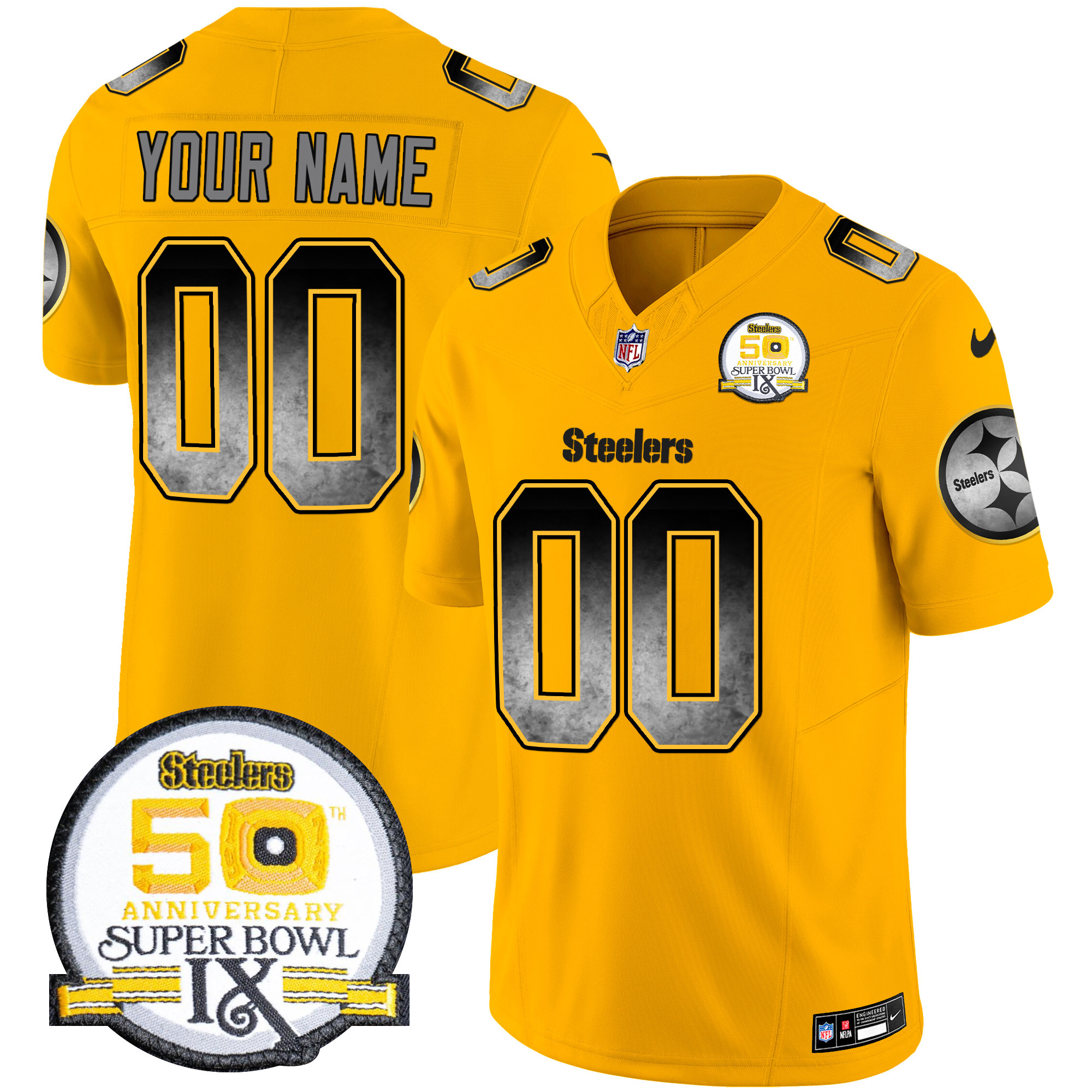 Men's Pittsburgh Steelers Arch Smoke 50th Anniversary Of Super Bowl IX Patch Vapor Limited Custom Gold Jersey - All Stitched