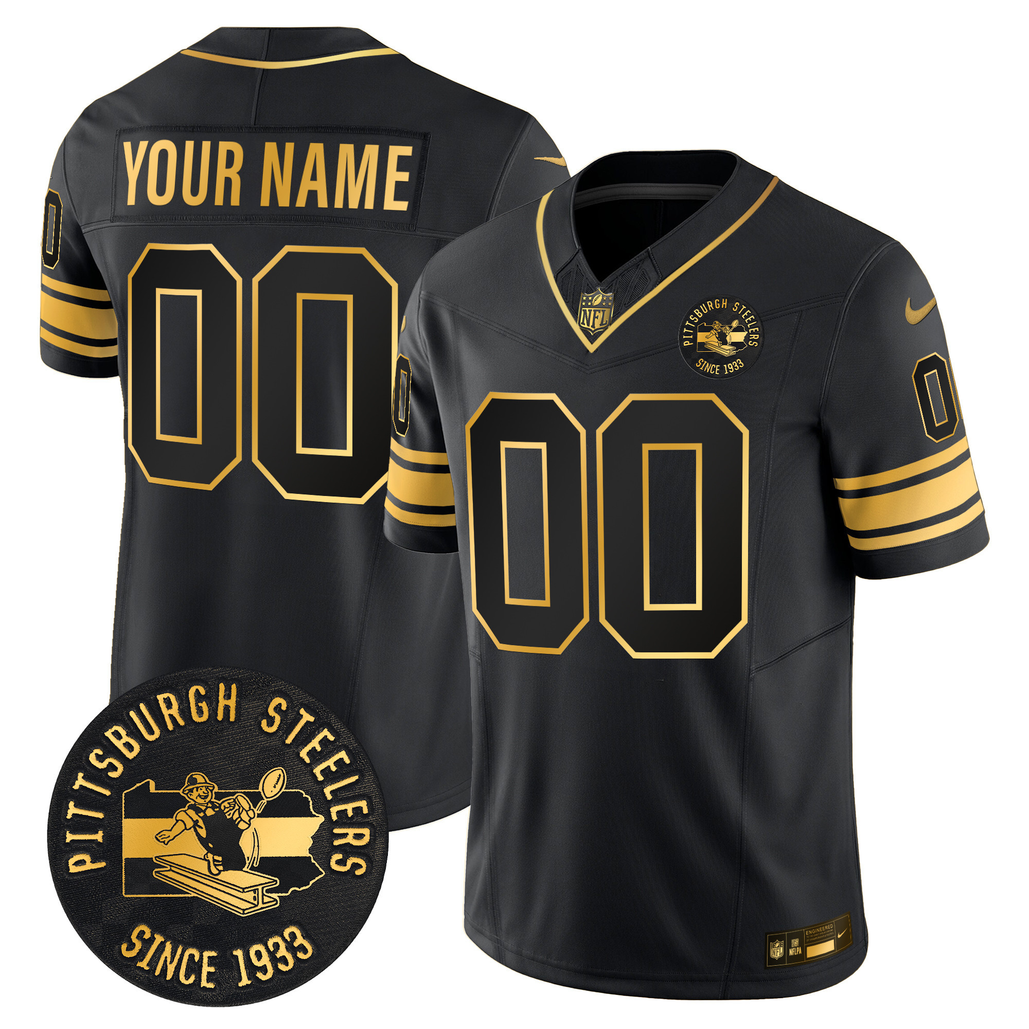 Men's Pittsburgh Steelers Throwback 1933 Patch Gold Vapor Limited Custom Black Gold Jersey - All Stitched