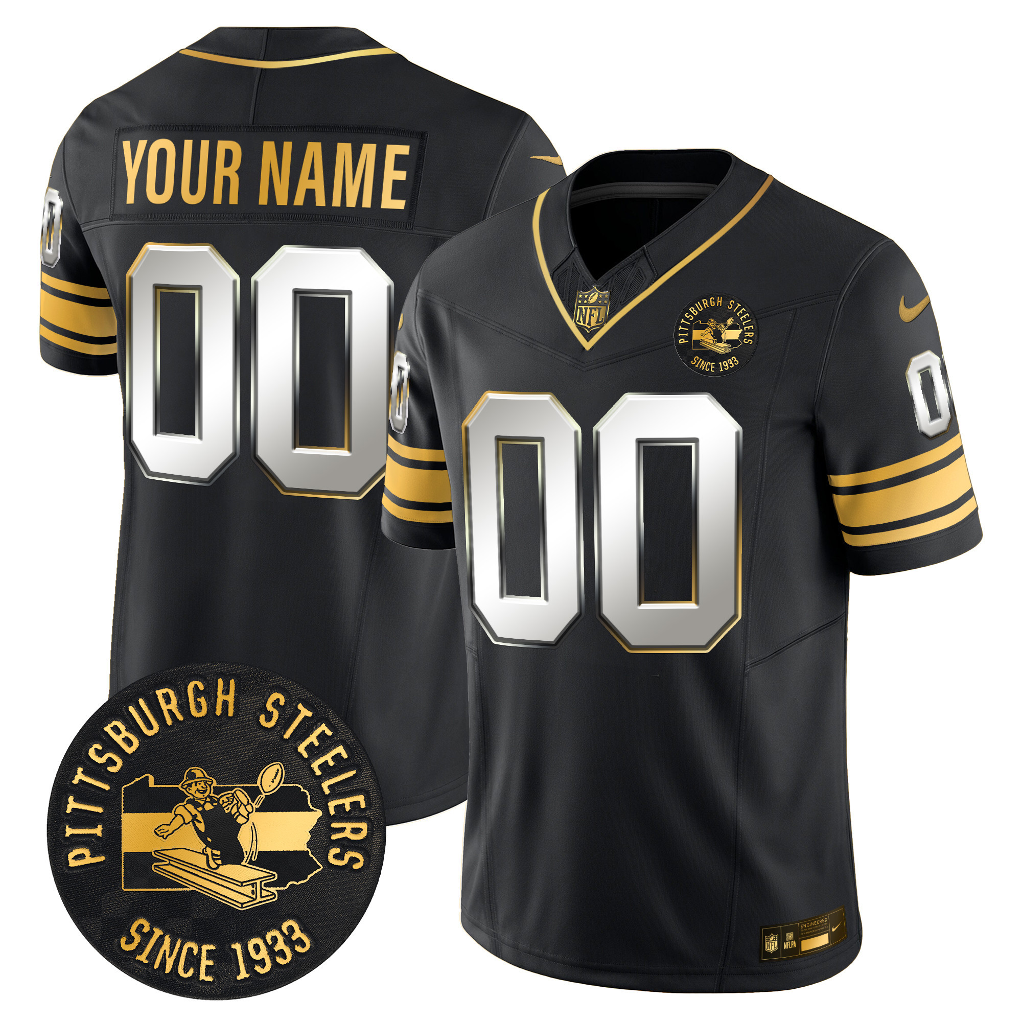 Men's Pittsburgh Steelers Throwback 1933 Patch Gold Vapor Limited Custom Black Limited Jersey - All Stitched