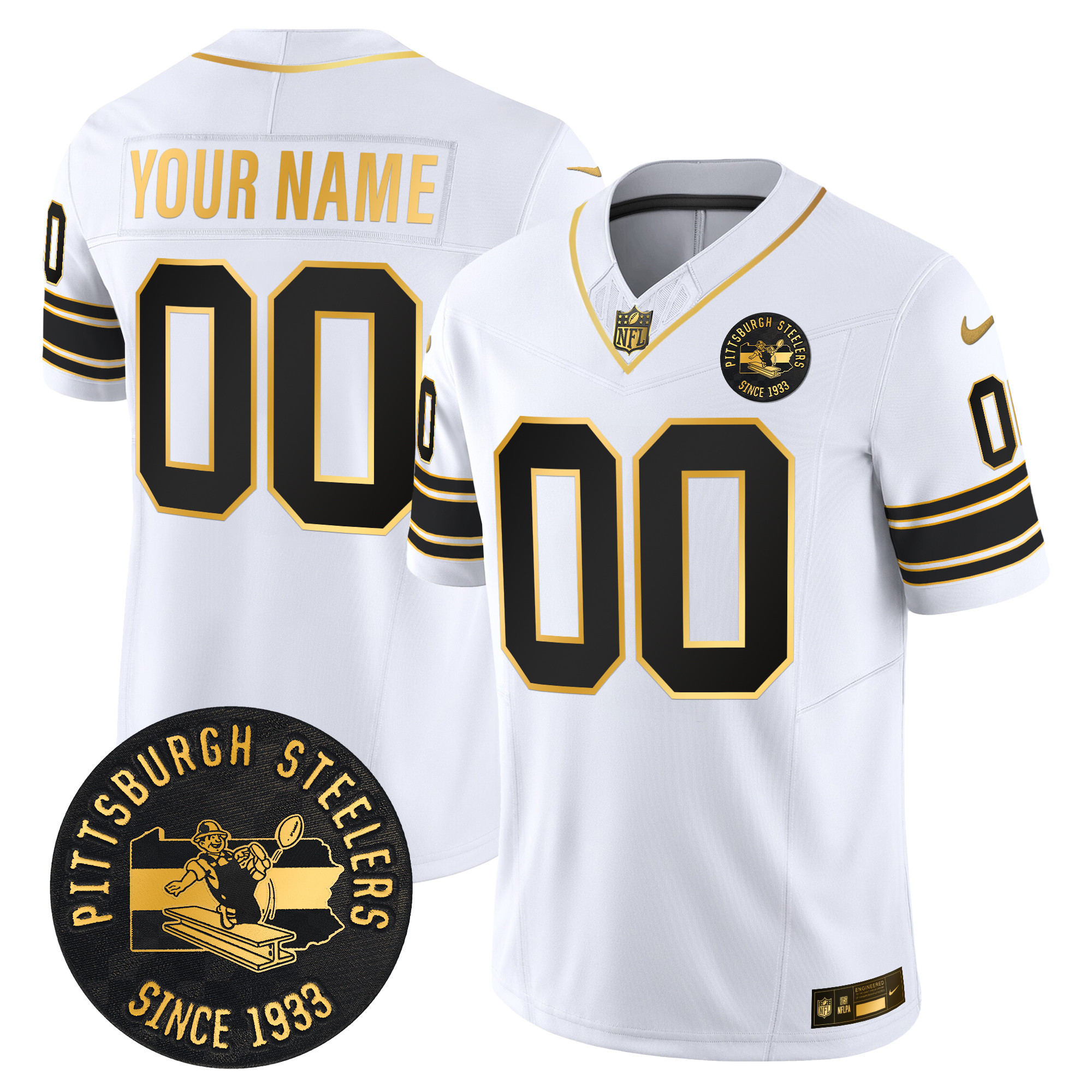 Men's Pittsburgh Steelers Throwback 1933 Patch Gold Vapor Limited Custom White Gold Jersey - All Stitched