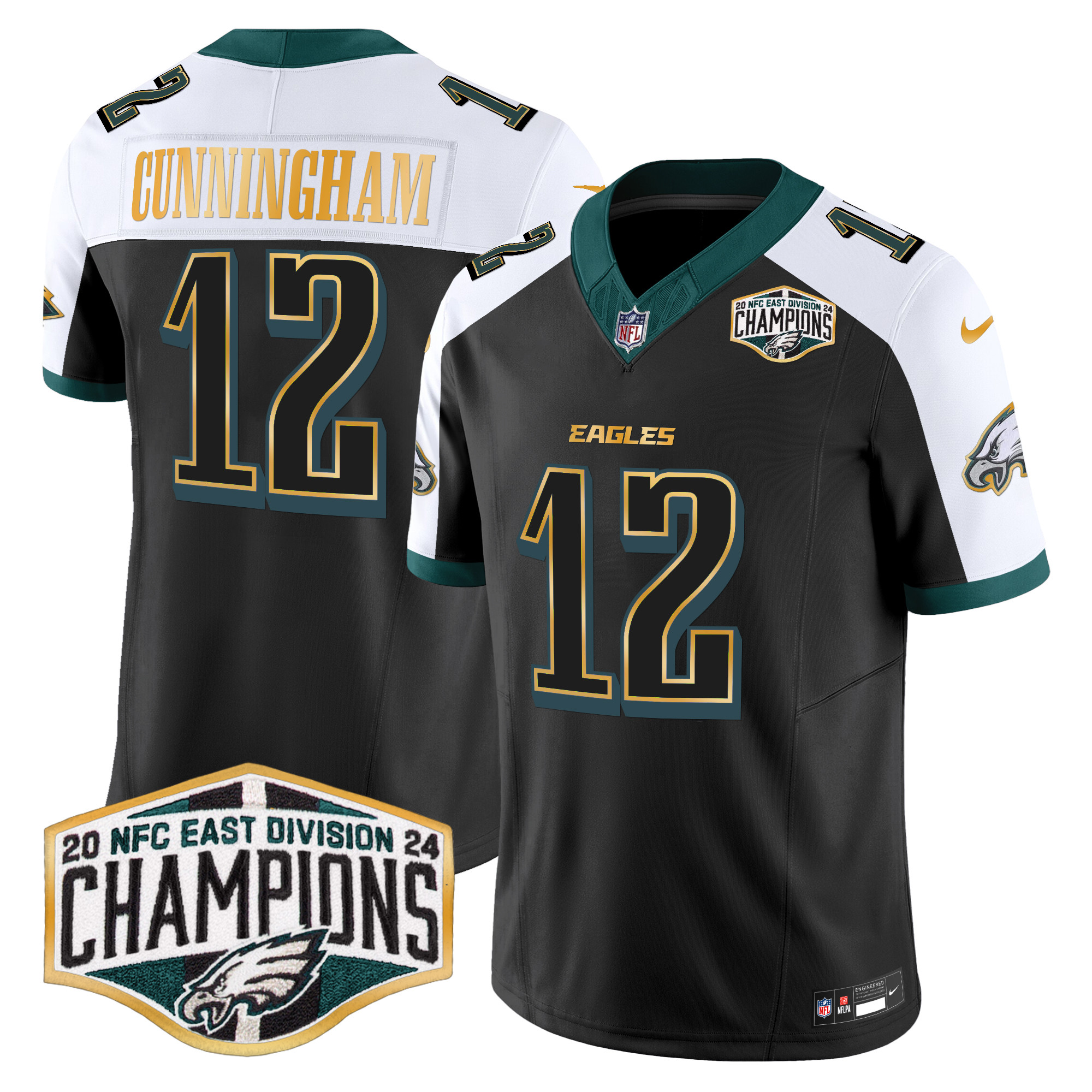 Men's Randall Cunningham Philadelphia Eagles 2024 NFC East Division Champions Gold Trim Vapor Limited Black Alternate Jersey - All Stitched