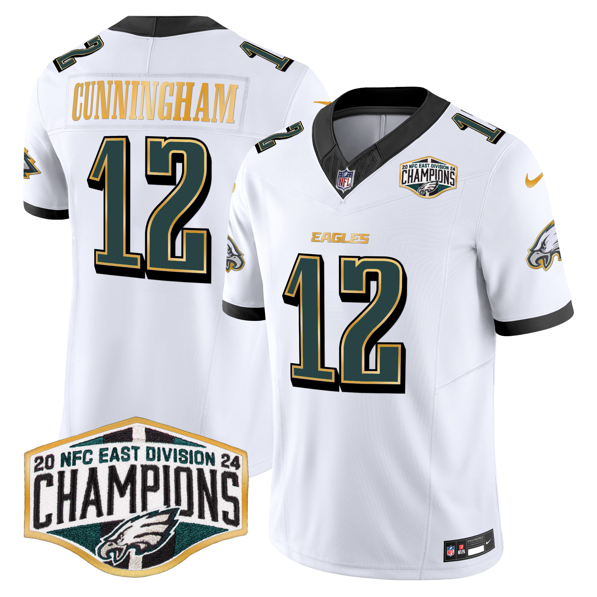 Men's Randall Cunningham Philadelphia Eagles 2024 NFC East Division Champions Gold Trim Vapor Limited White Jersey - All Stitched