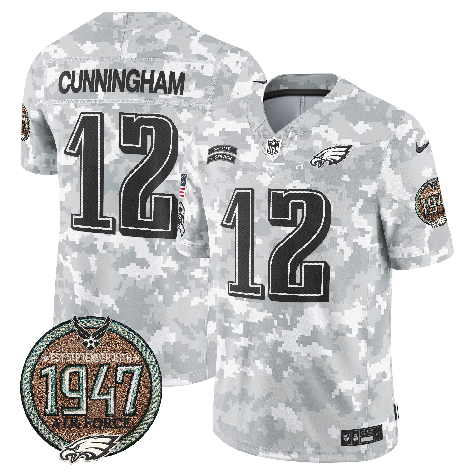 Men's Randall Cunningham Philadelphia Eagles 2024 Salute to Service Establishment Year Patch Vapor Limited Air Force Jersey - All Stitched