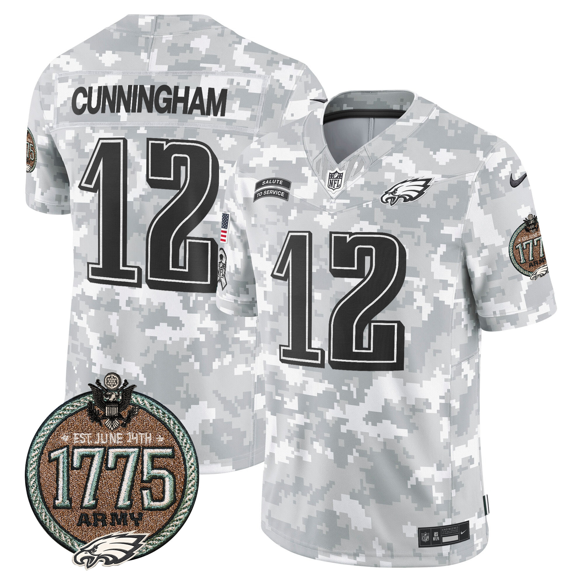 Men's Randall Cunningham Philadelphia Eagles 2024 Salute to Service Establishment Year Patch Vapor Limited Army Jersey - All Stitched