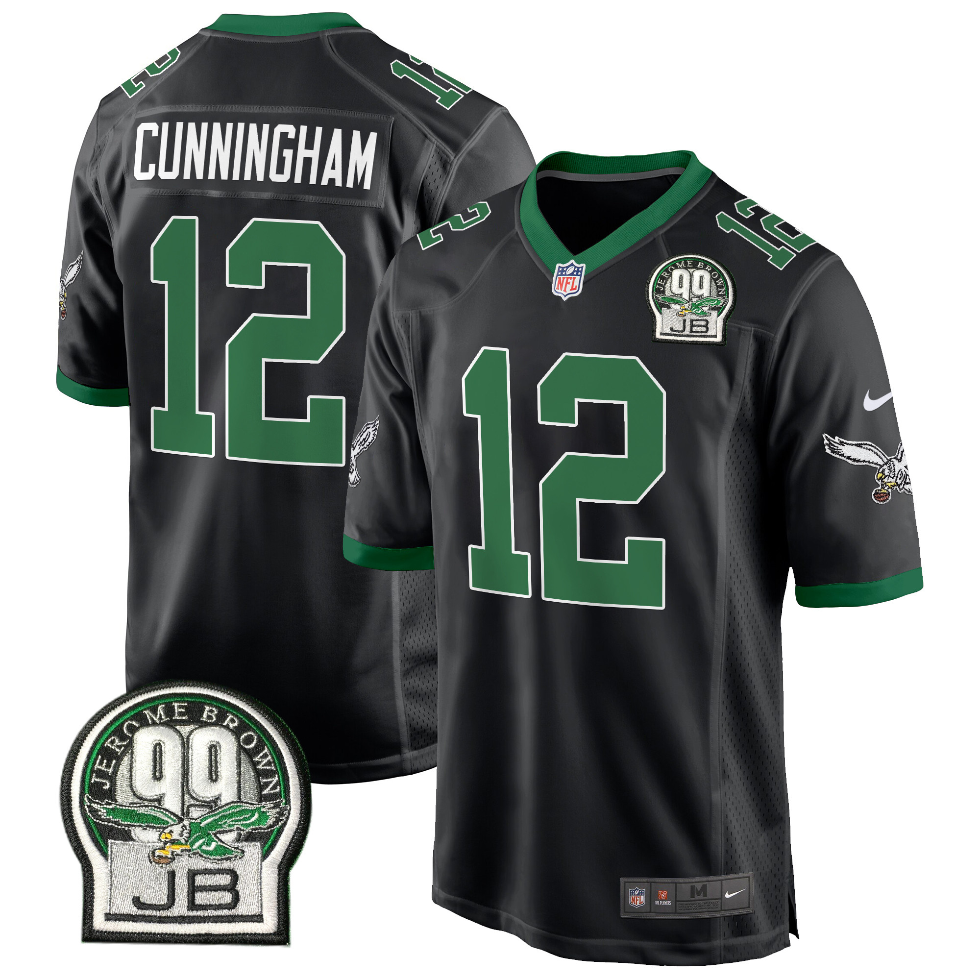 Men's Randall Cunningham Philadelphia Eagles Jerome Brown Patch Kelly Green Game Black Jersey - All Stitched