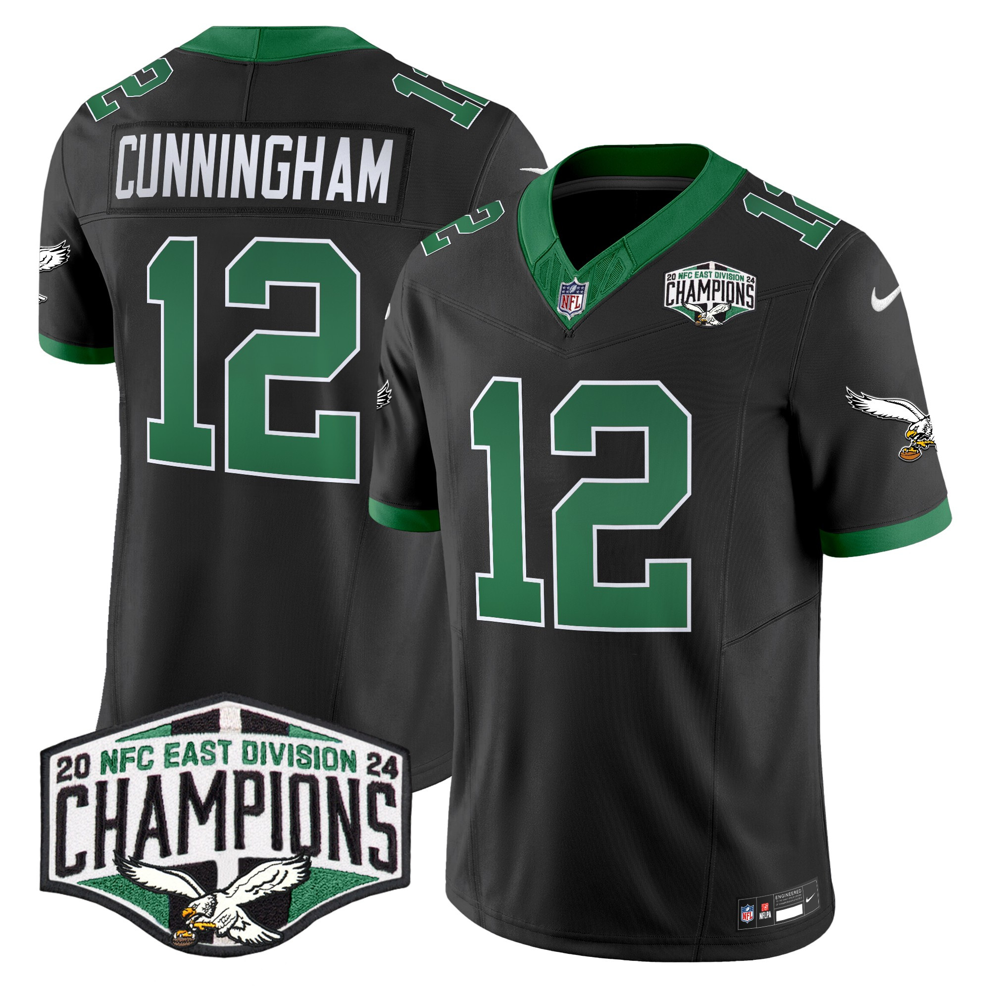 Men's Randall Cunningham Philadelphia Eagles Kelly Green 2024 NFC East Division Champions Vapor Limited Black Jersey - All Stitched
