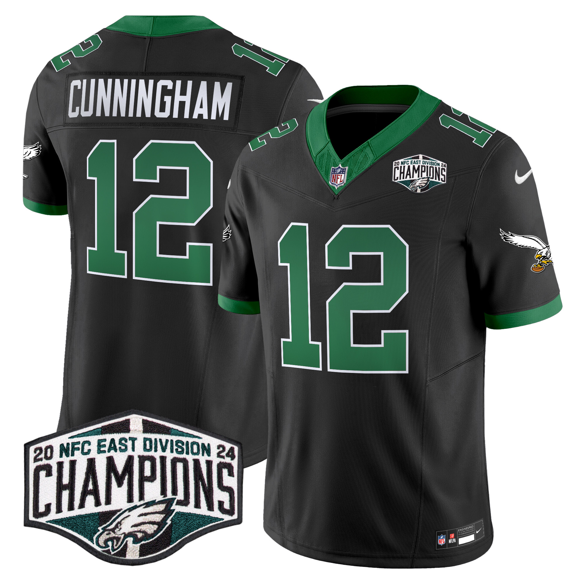 Men's Randall Cunningham Philadelphia Eagles Kelly Green 2024 NFC East Division Champions Vapor Limited Black Jersey - All Stitched