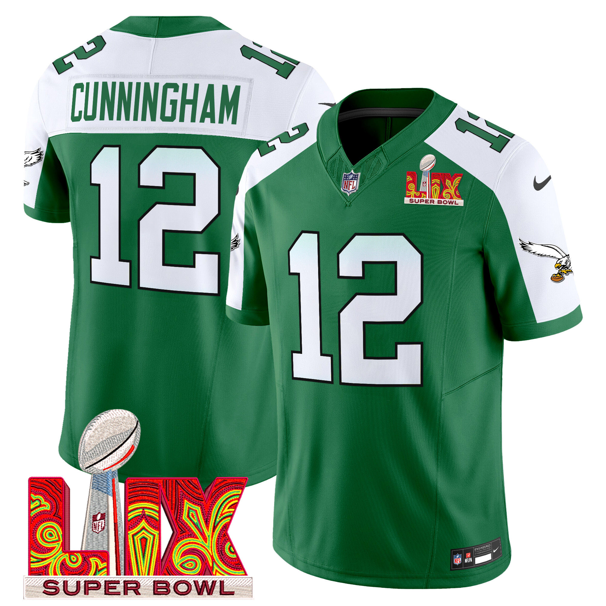 Men's Randall Cunningham Philadelphia Eagles Kelly Green Super Bowl LIX Patch Vapor Limited Kelly Alternate Jersey - All Stitched