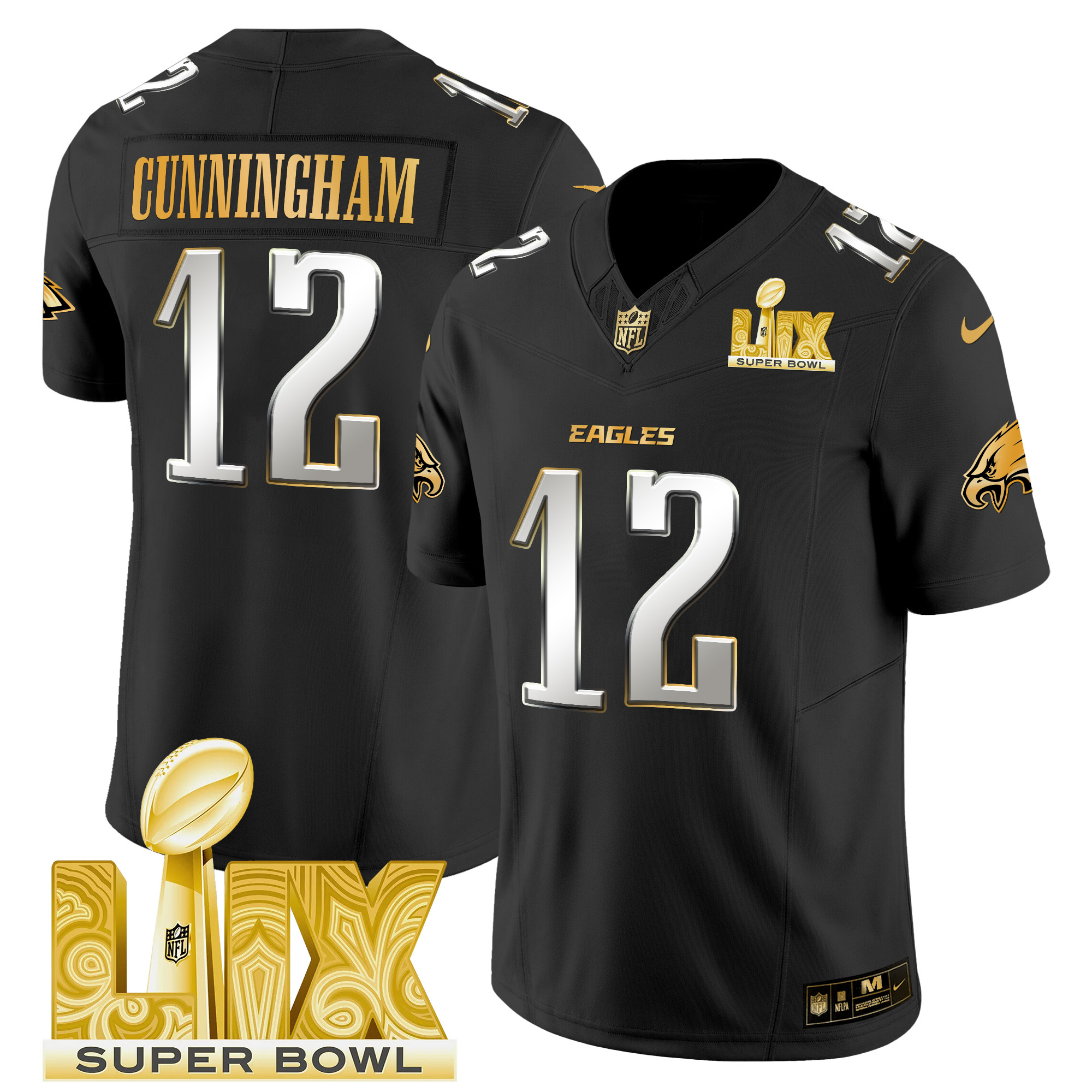 Men's Randall Cunningham Philadelphia Eagles Super Bowl LIX Patch Gold Vapor Limited Black Limited Jersey - All Stitched
