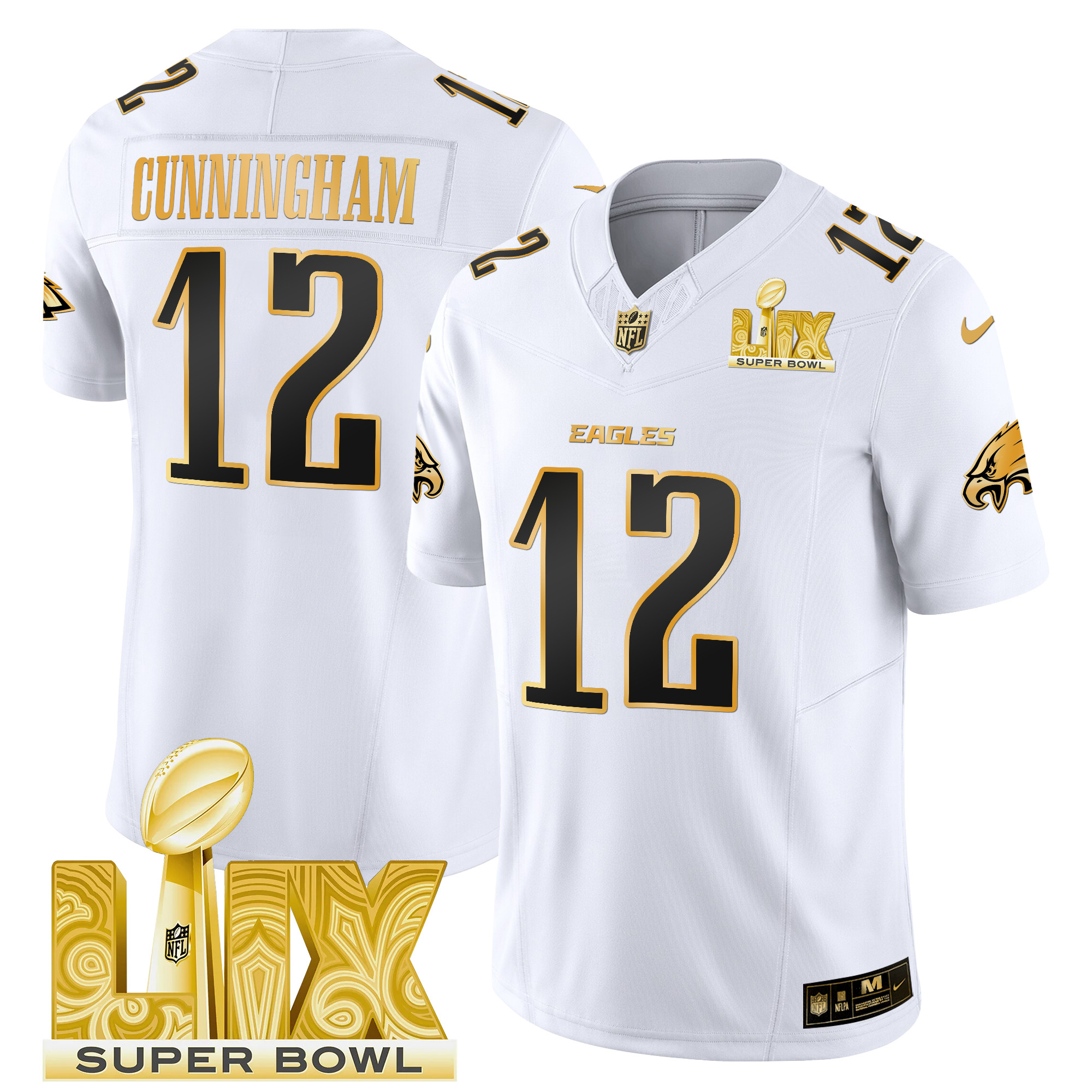 Men's Randall Cunningham Philadelphia Eagles Super Bowl LIX Patch Gold Vapor Limited White Gold Jersey - All Stitched