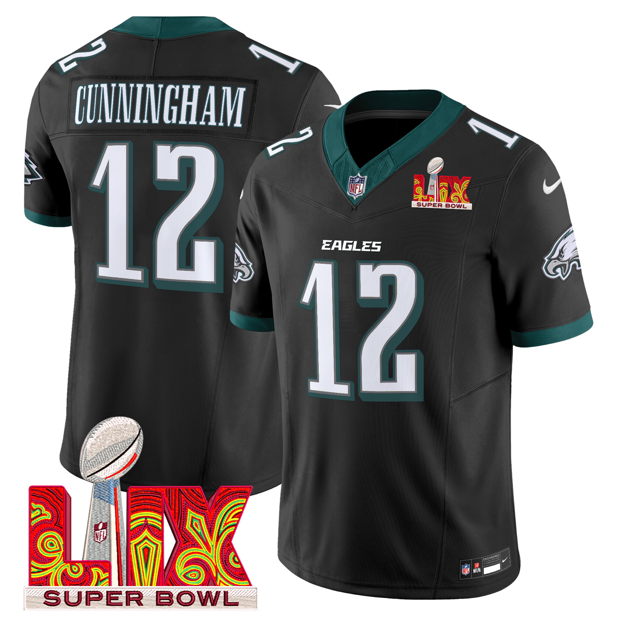 Men's Randall Cunningham Philadelphia Eagles Super Bowl LIX Patch Vapor Limited Black Jersey - All Stitched