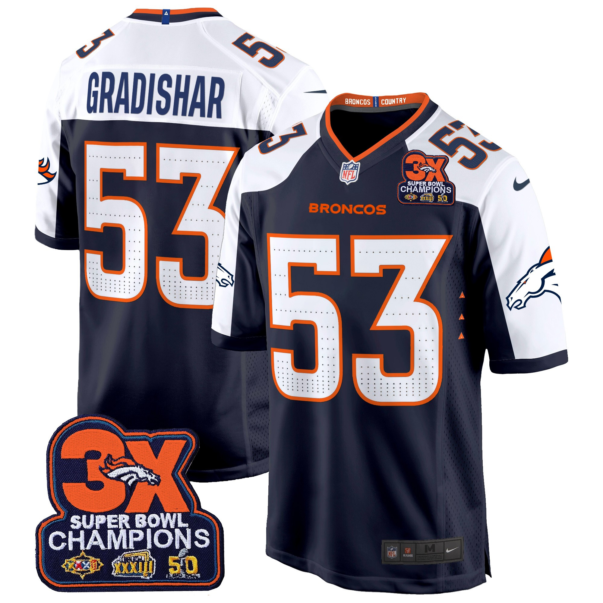 Men's Randy Gradishar Denver Broncos 3-Time Champions Patch Game Navy Alternate Jersey - All Stitched