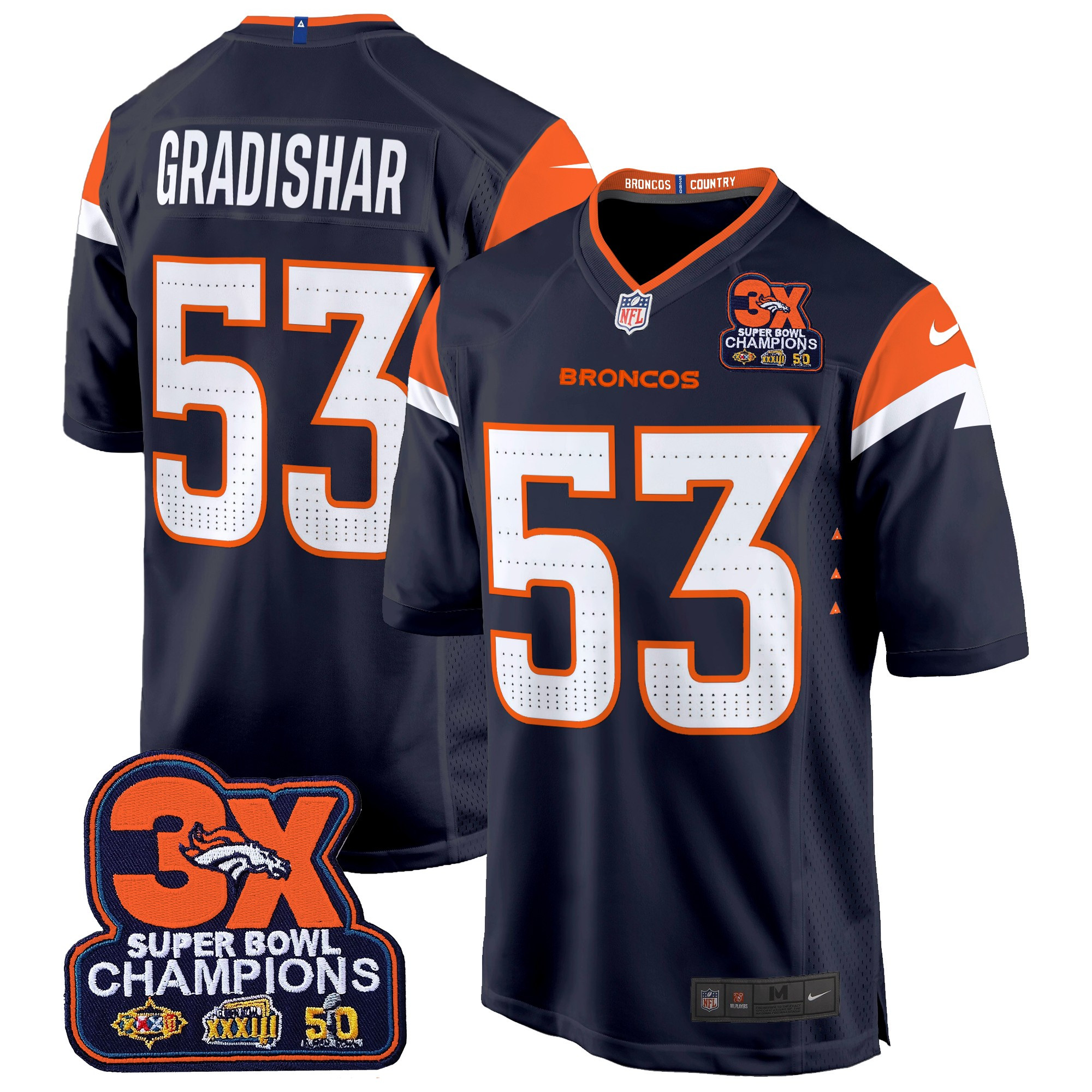 Men's Randy Gradishar Denver Broncos 3-Time Champions Patch Game Navy Jersey - All Stitched