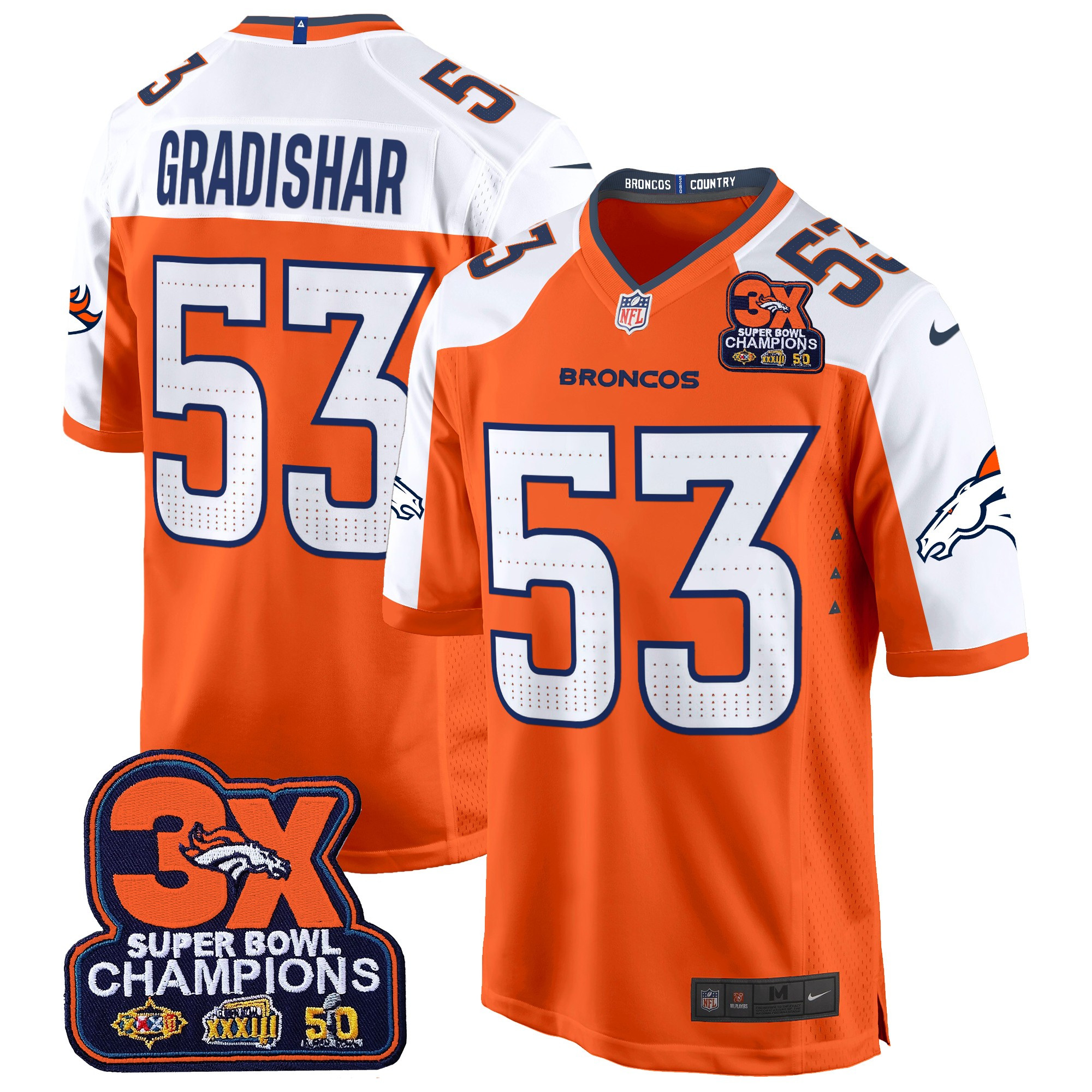 Men's Randy Gradishar Denver Broncos 3-Time Champions Patch Game Orange Alternate Jersey - All Stitched