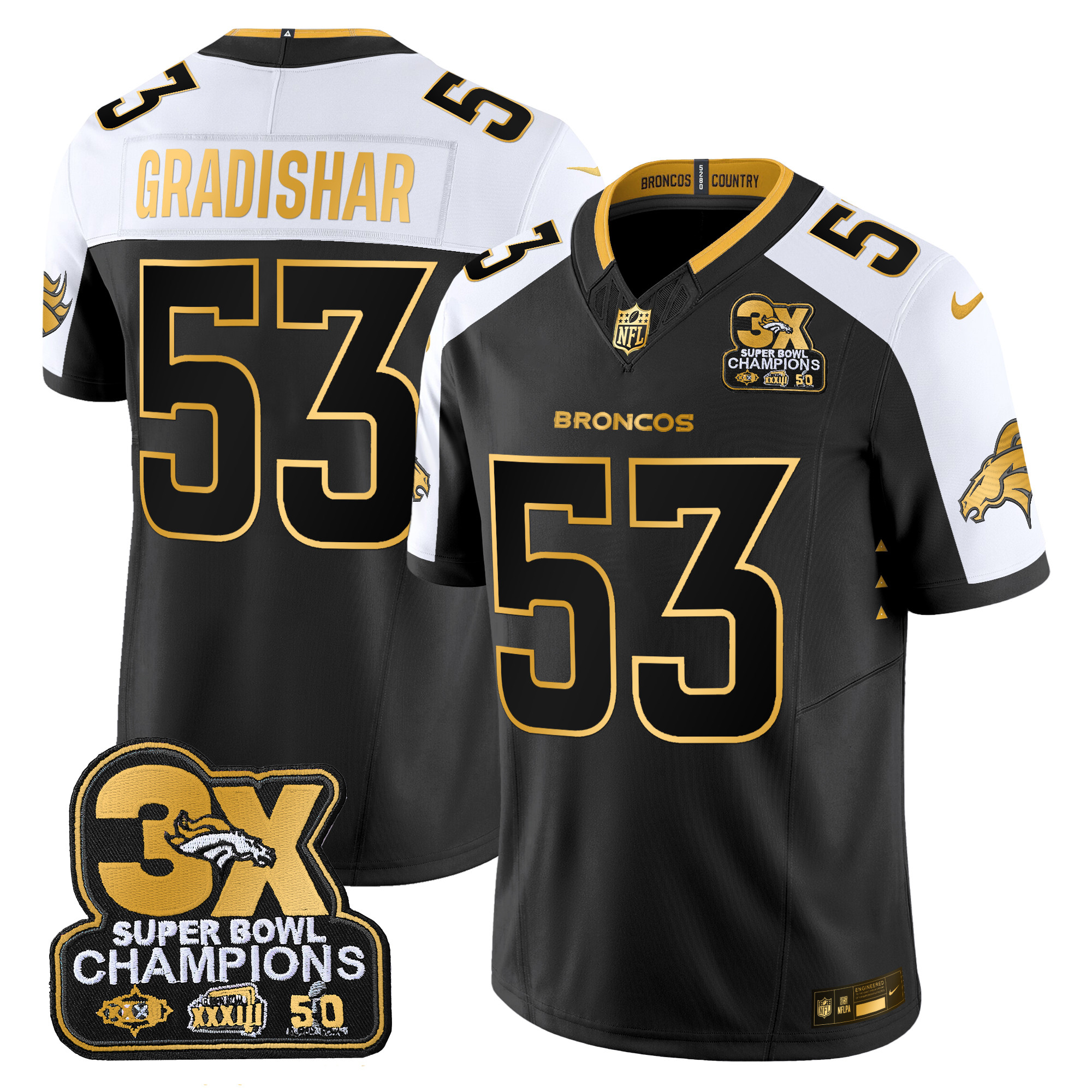 Men's Randy Gradishar Denver Broncos 3-Time Champions Patch Gold Vapor Limited Alternate Jersey - All Stitched