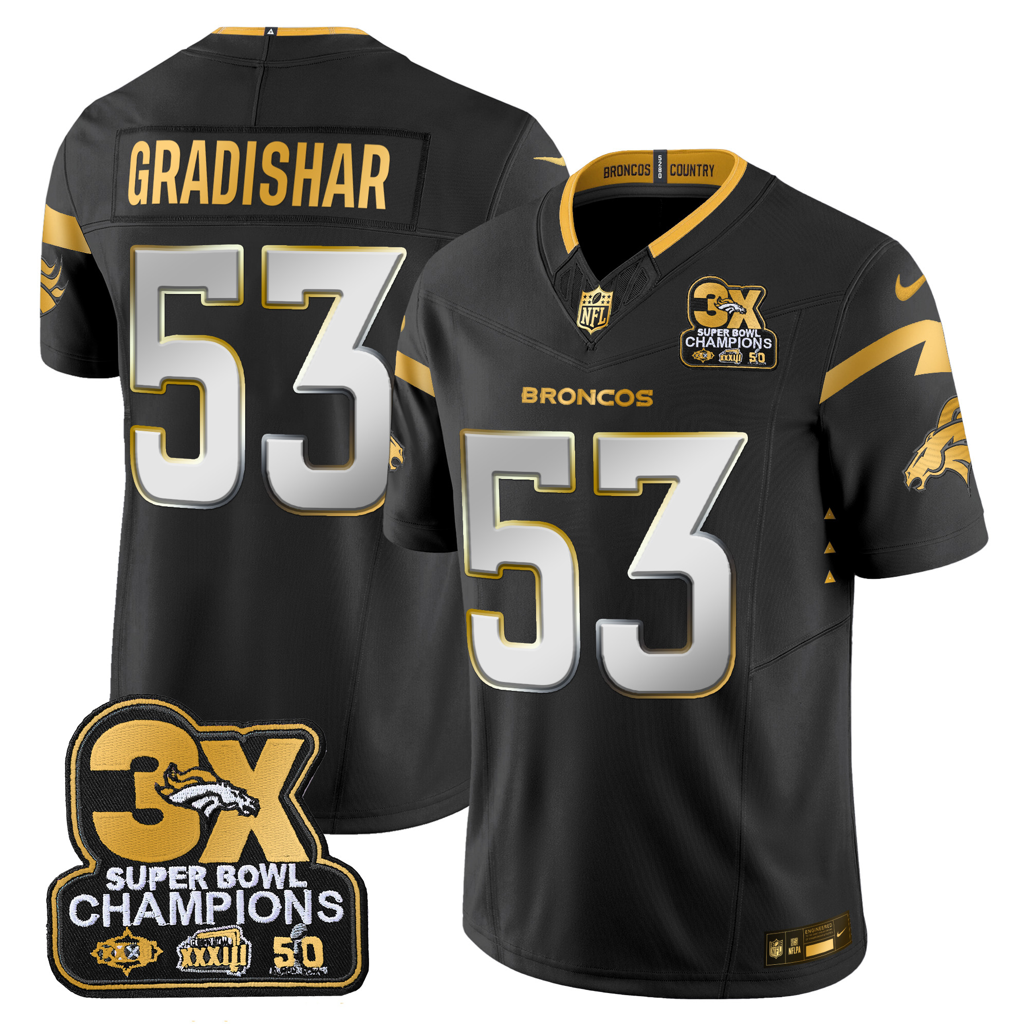 Men's Randy Gradishar Denver Broncos 3-Time Champions Patch Gold Vapor Limited Black Limited Jersey - All Stitched