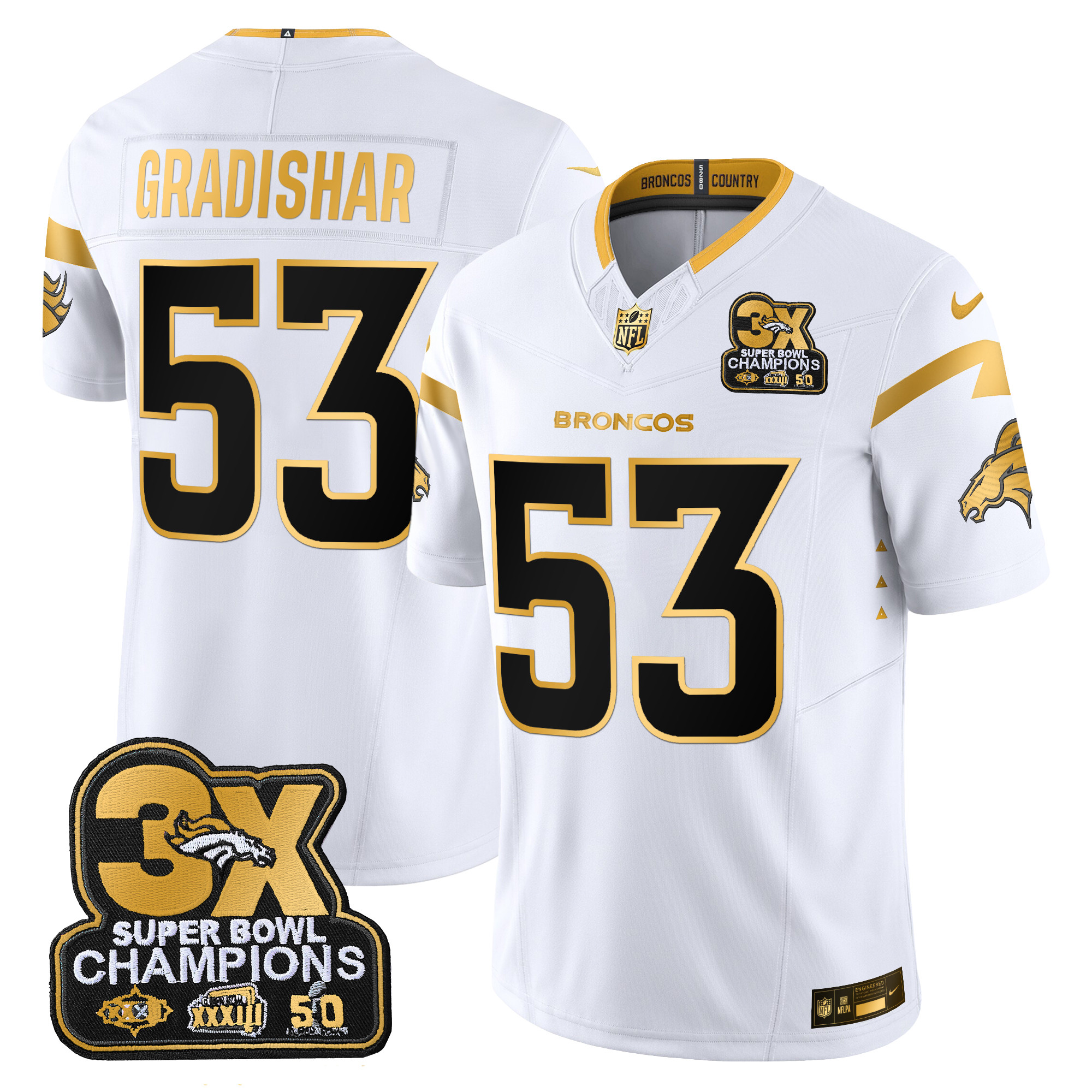 Men's Randy Gradishar Denver Broncos 3-Time Champions Patch Gold Vapor Limited White Gold Jersey - All Stitched
