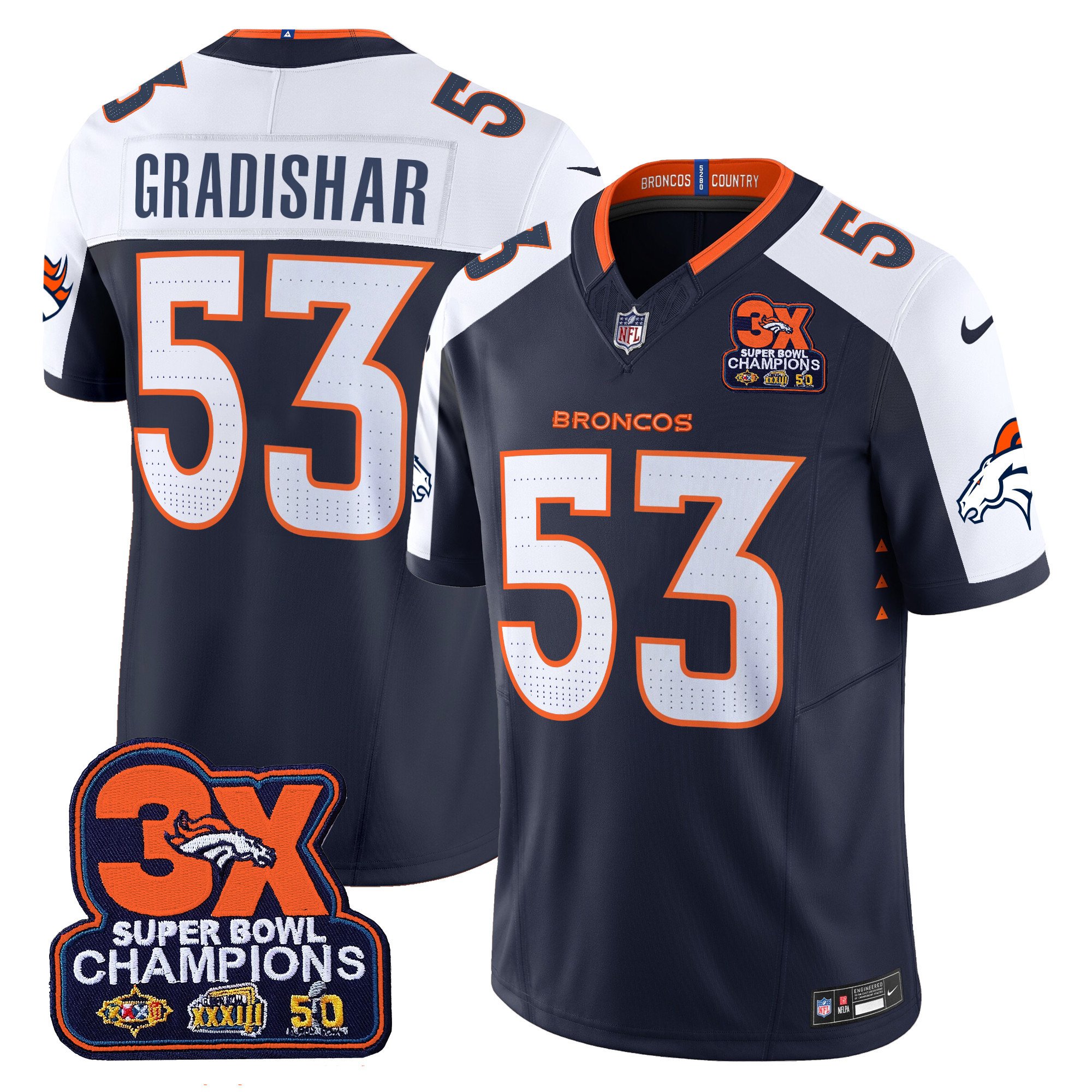 Men's Randy Gradishar Denver Broncos 3-Time Champions Patch Vapor Limited Navy Alternate Jersey - All Stitched