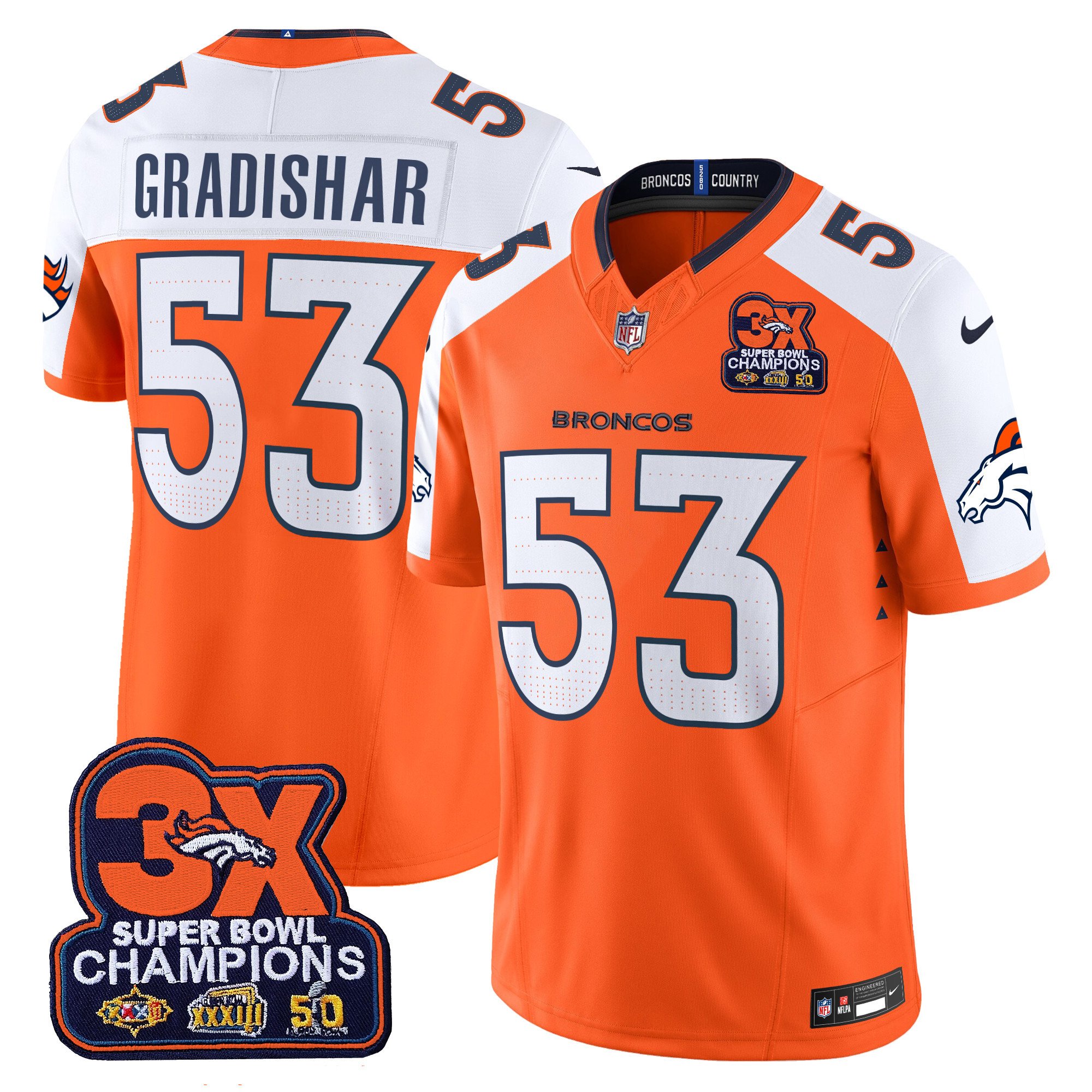 Men's Randy Gradishar Denver Broncos 3-Time Champions Patch Vapor Limited Orange Alternate Jersey - All Stitched
