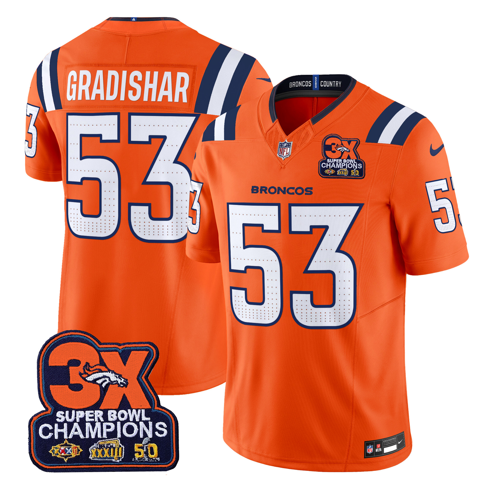 Men's Randy Gradishar Denver Broncos 3-Time Champions Patch Vapor Limited Orange Jersey - All Stitched